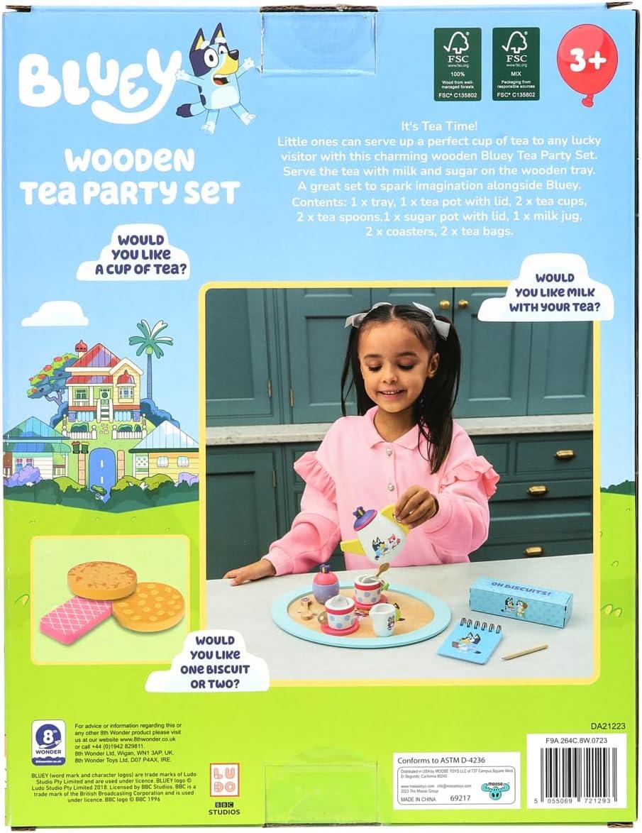 Bluey – Tea Party Set – Wooden 18-Piece Pretend Play Set with Tray, Teapot, Tea Cups, Biscuits, and Notepad for Children 3 Years and up – Imaginative Fun and Role-Playing, FSC Certified