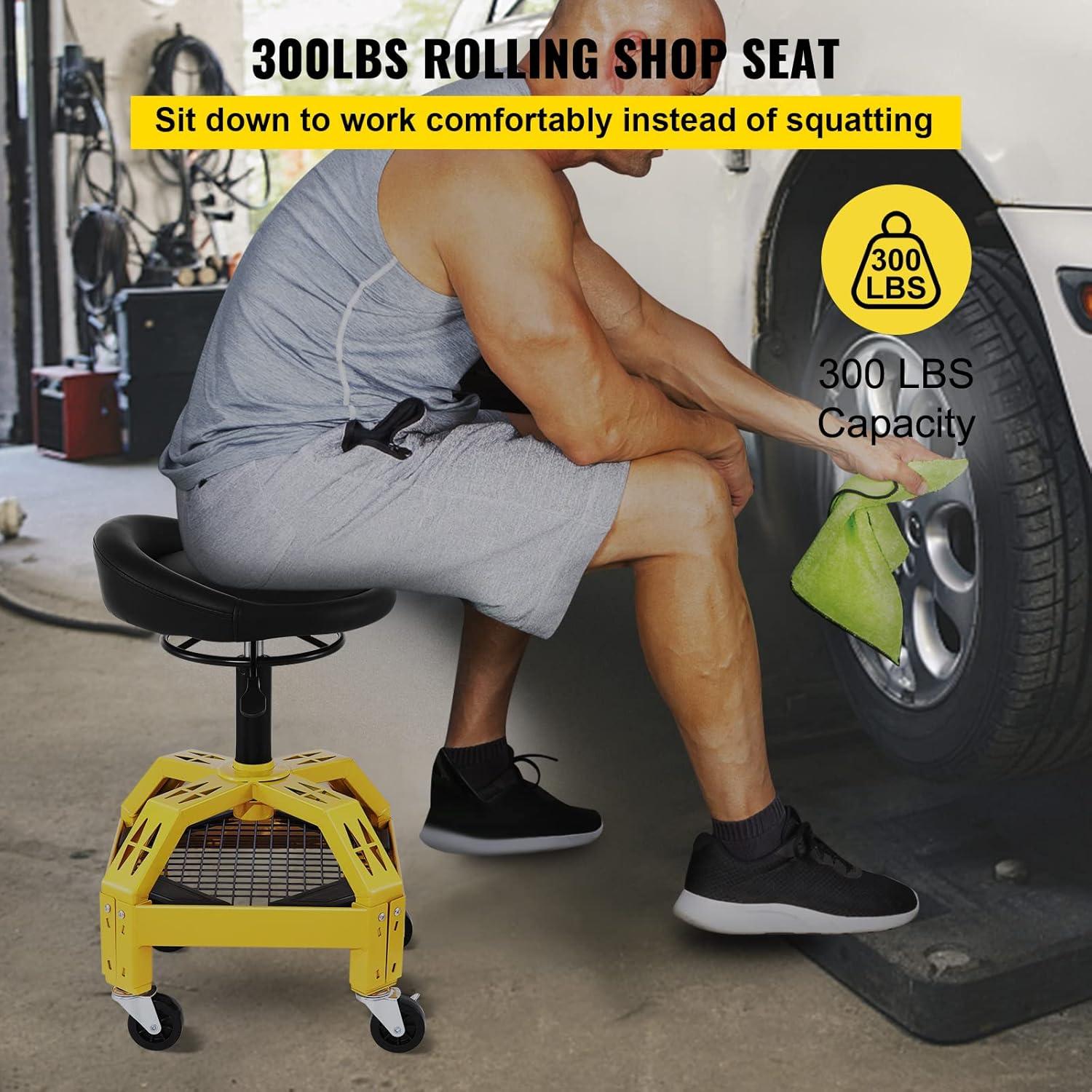 VEVORbrand Rolling Garage Stool, 300lbs Capacity, Adjustable Height from 24 in to 28.7 in, Mechanic Seat with 360-Degree Swivel Wheels and Tool Tray, for Workshop, Auto Repair Shop, Yellow