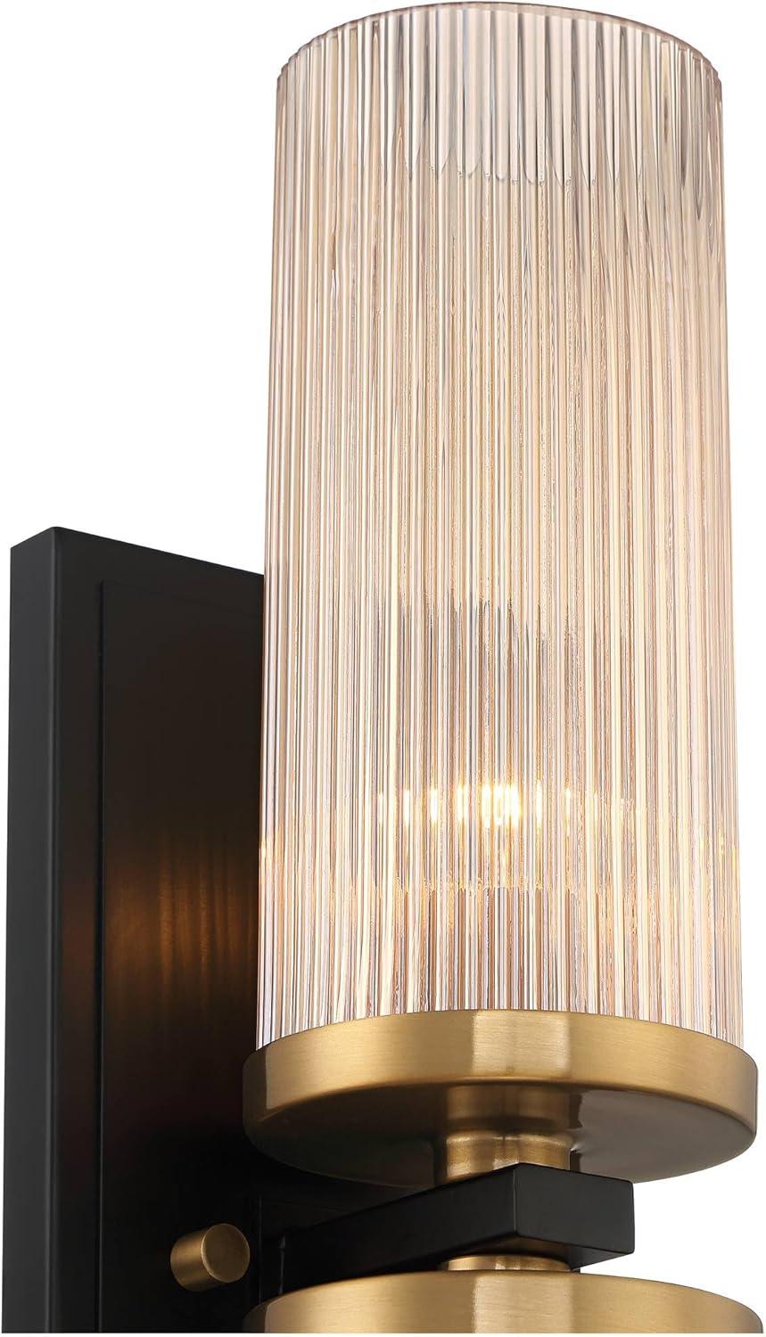 Stiffel Modern Wall Light Sconce Black Brass Hardwired 4 1/4" 2-Light Fixture Ribbed Champagne Glass Shade for Bedroom Bathroom Vanity Living Room