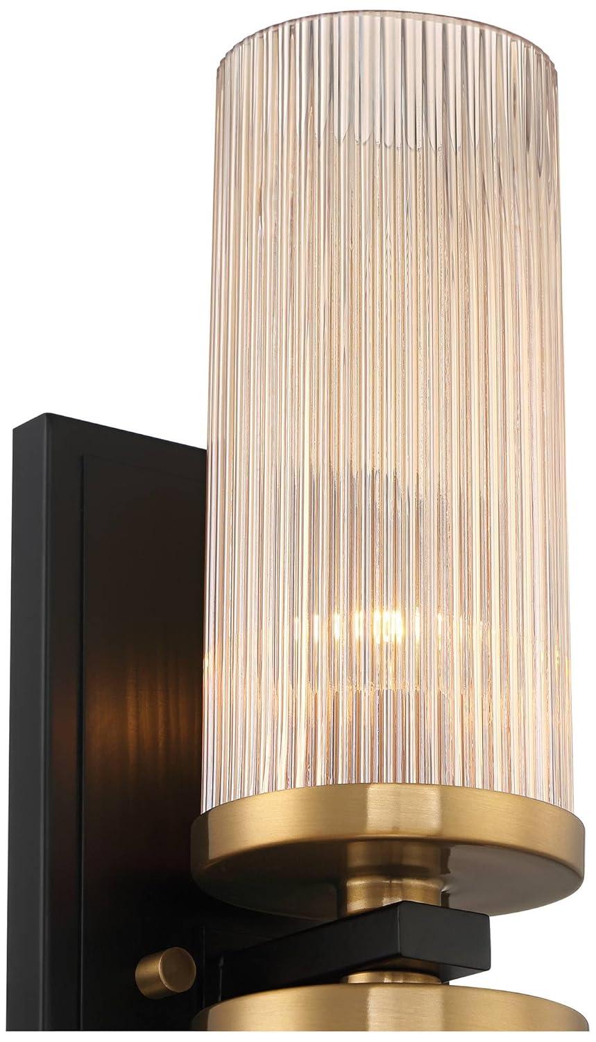 Stiffel Modern Wall Light Sconce Black Brass Hardwired 4 1/4" 2-Light Fixture Ribbed Champagne Glass Shade for Bedroom Bathroom Vanity Living Room