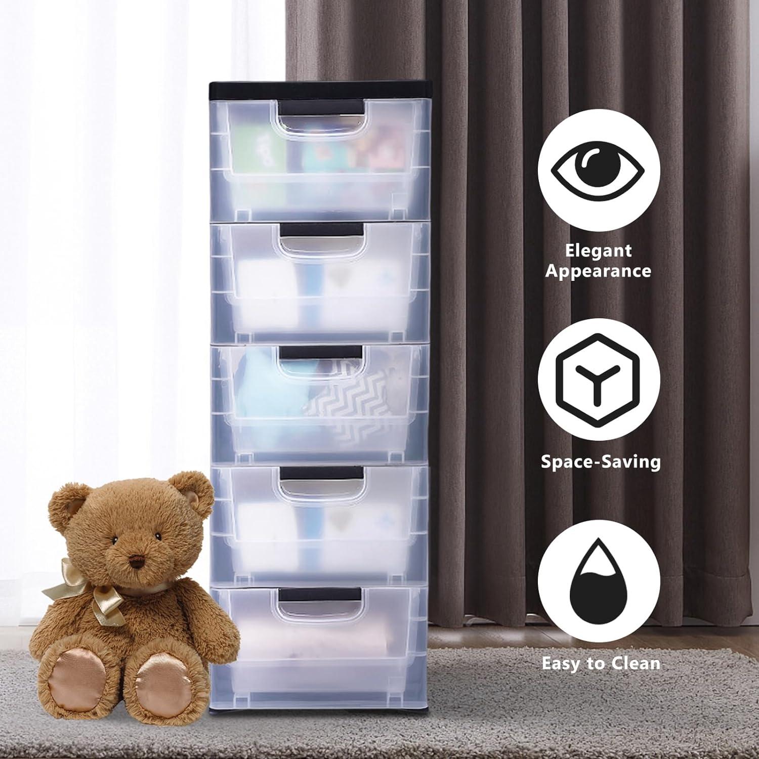 Peakora Plastic drawers dresser with 5 spacious drawers, transparent compartments, sturdy PP material, stackable design, easy to move with wheels, ideal for organizing clothes and accessories