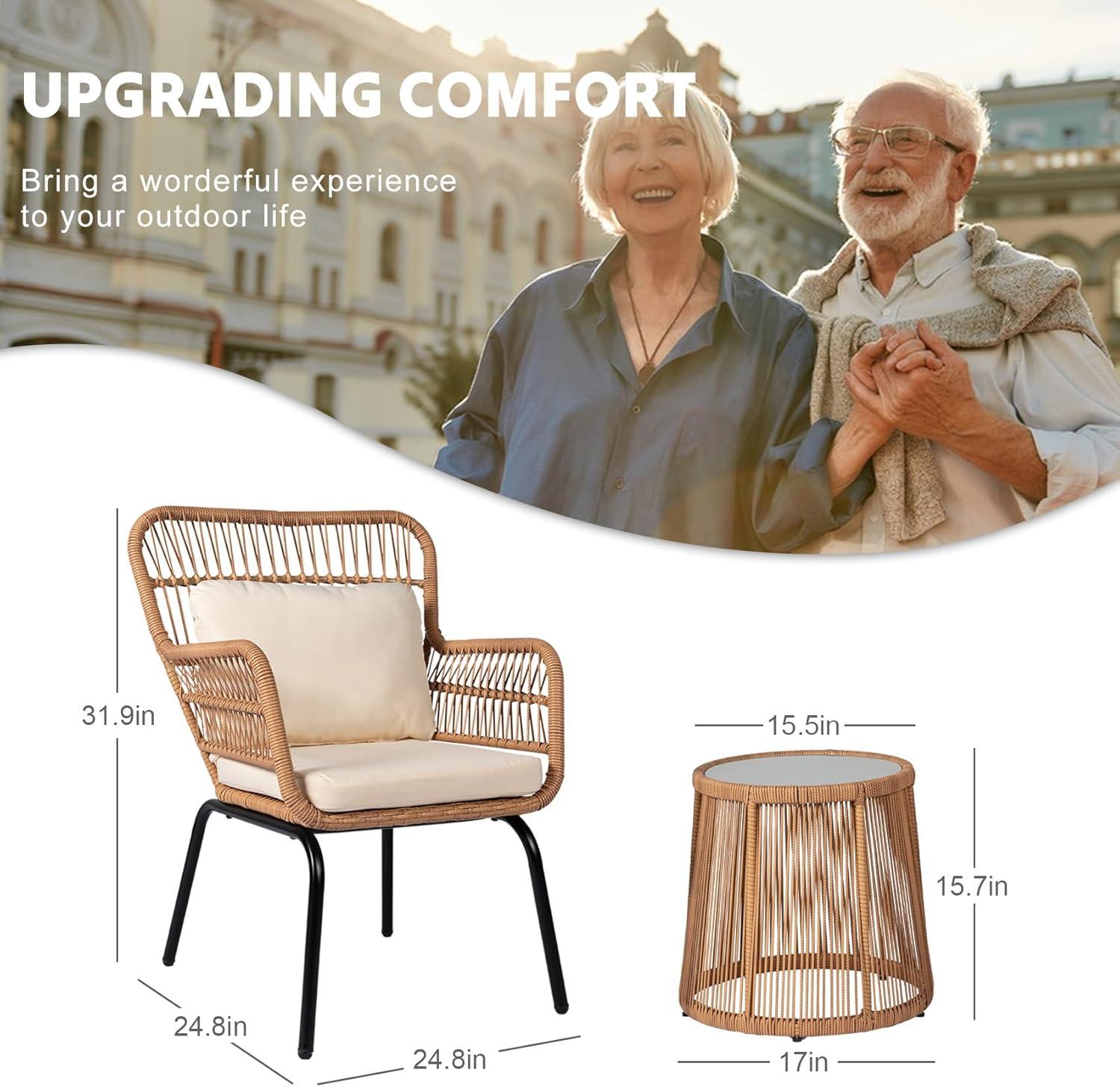 Black Steel and Wicker 3-Piece Patio Bistro Set with Beige Cushions