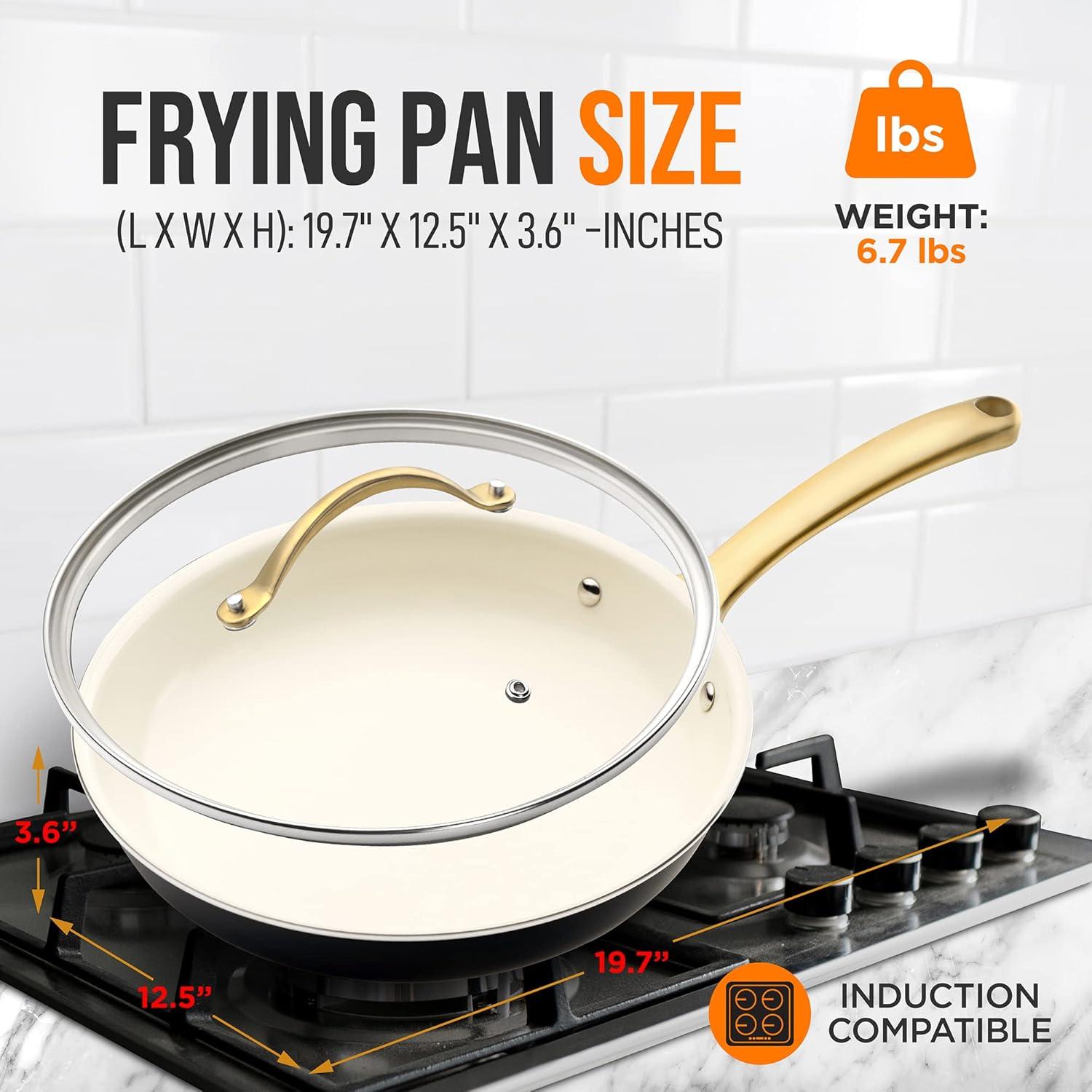 12" Non-Stick Fry Pan with Golden Handle and Lid