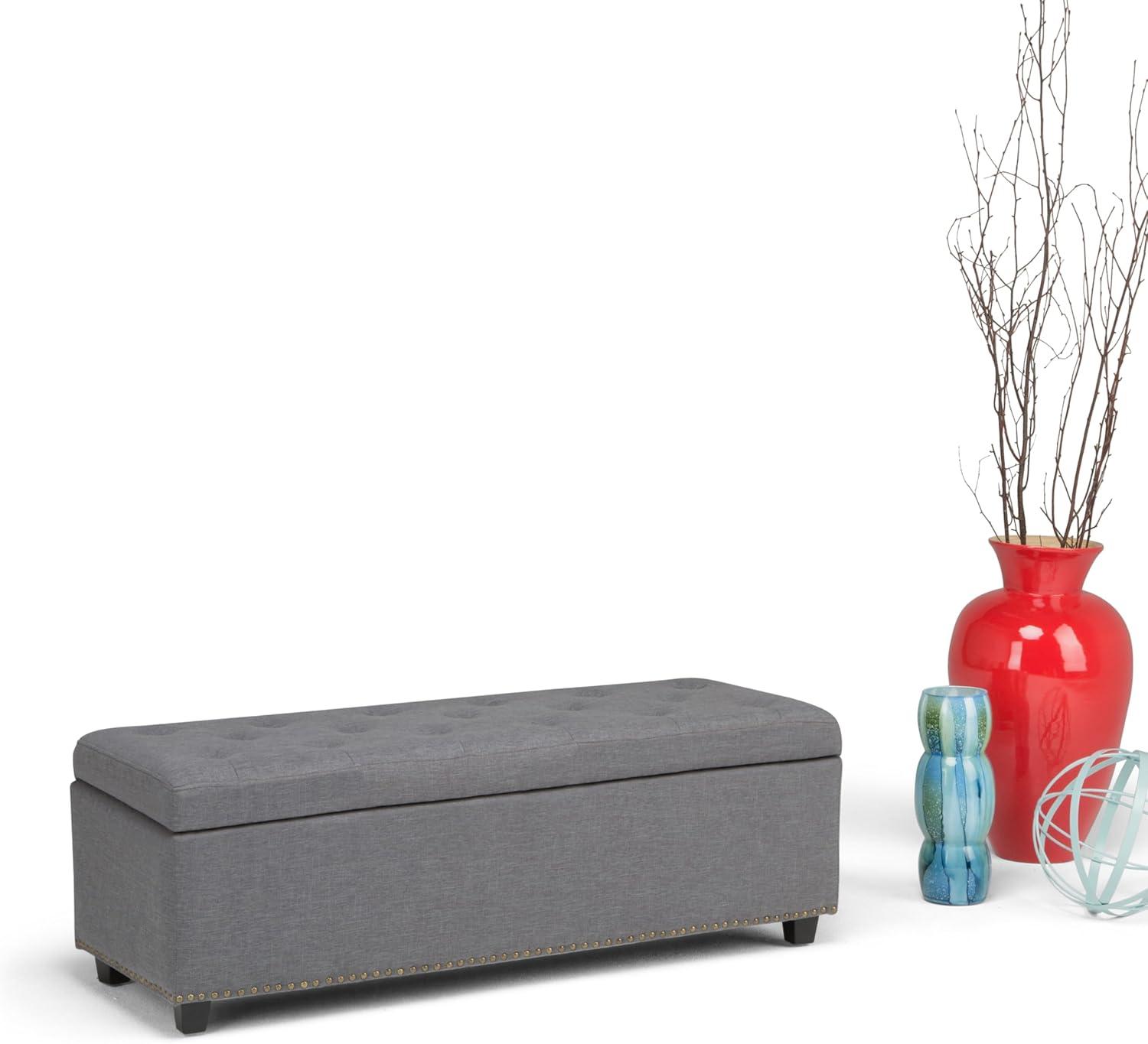 Simpli Home Hamilton 48" Transitional Rectangle Ottoman in Gray Linen Look Fabric