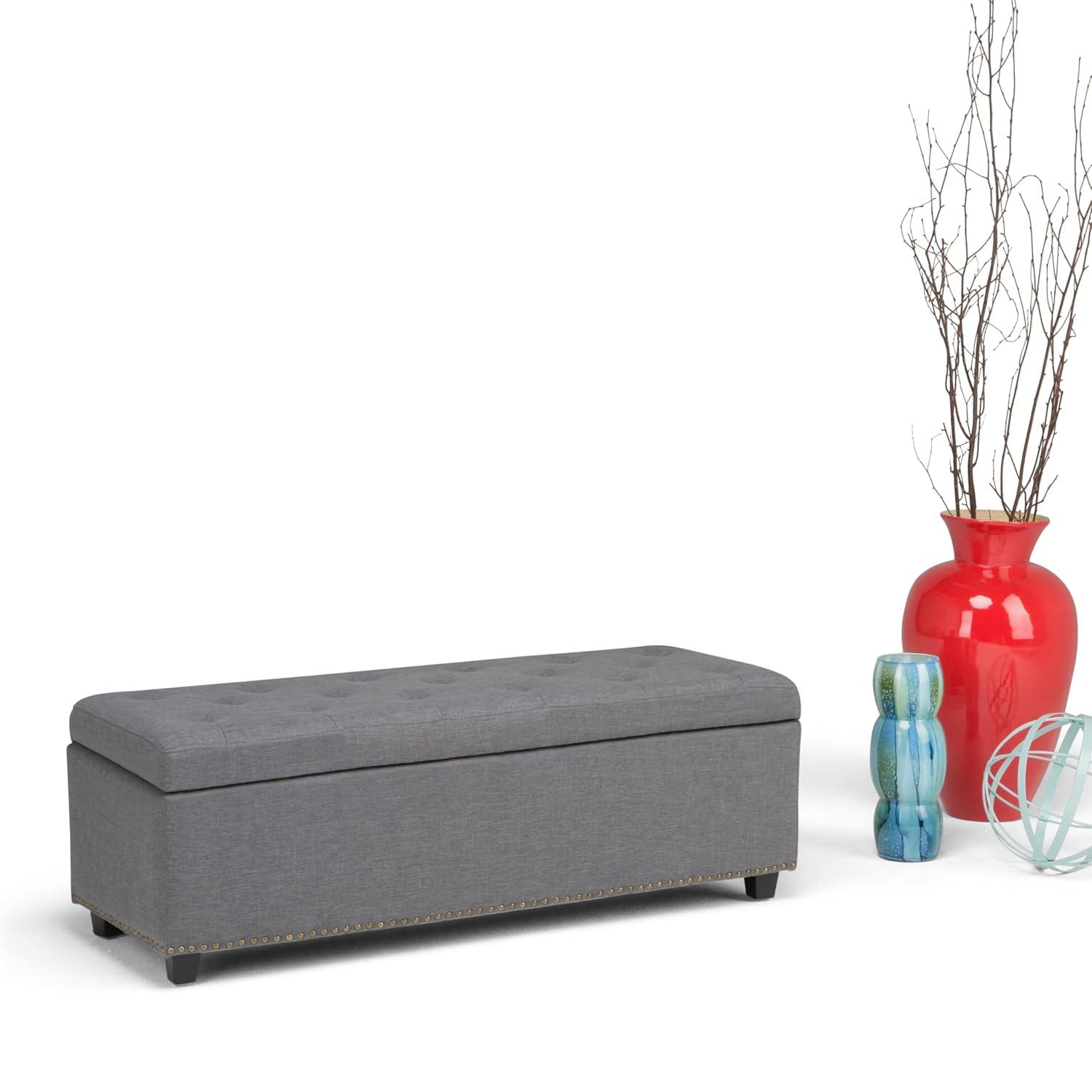 Simpli Home Hamilton 48" Transitional Rectangle Ottoman in Gray Linen Look Fabric