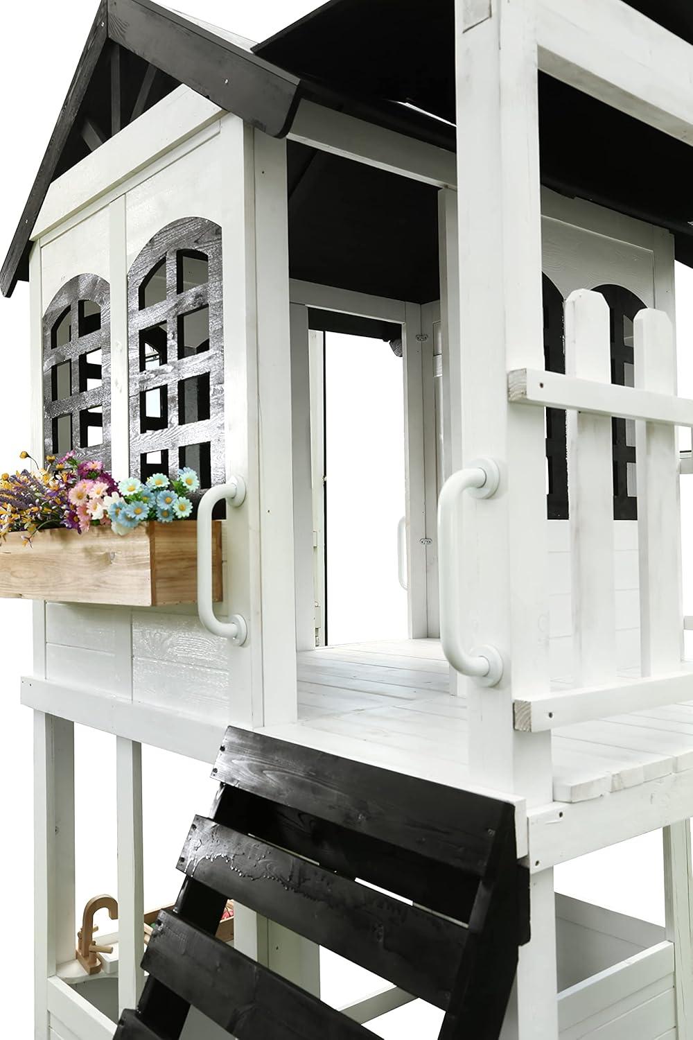 2MamaBees Reign Two Story Playhouse | Black & White Farmhouse Design with Kitchen and Garden