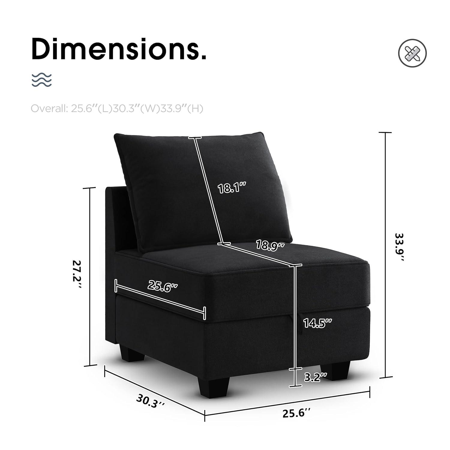 HONBAY Middle Module for Modular Sectional Sofa Couch, Accent Armless Chair with Storage Seat, Velvet Black