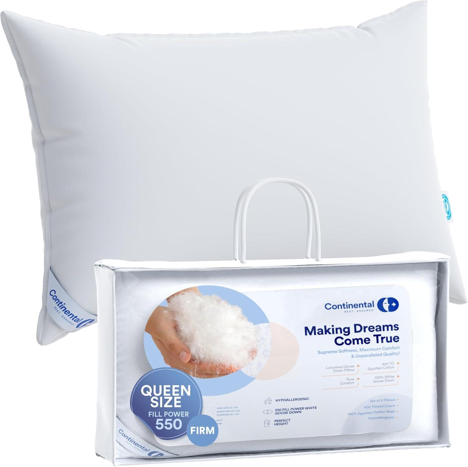 ContinentalBedding Continental Bedding 1-Pack Firm Support Down Pillow, 550 Fill Power, RDS Certified, 75% Down 25% Feather, 100% Cotton Cover