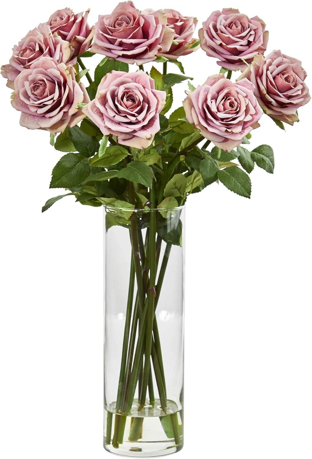 Nearly Natural 19-in Rose Artificial Arrangement in Cylinder Vase