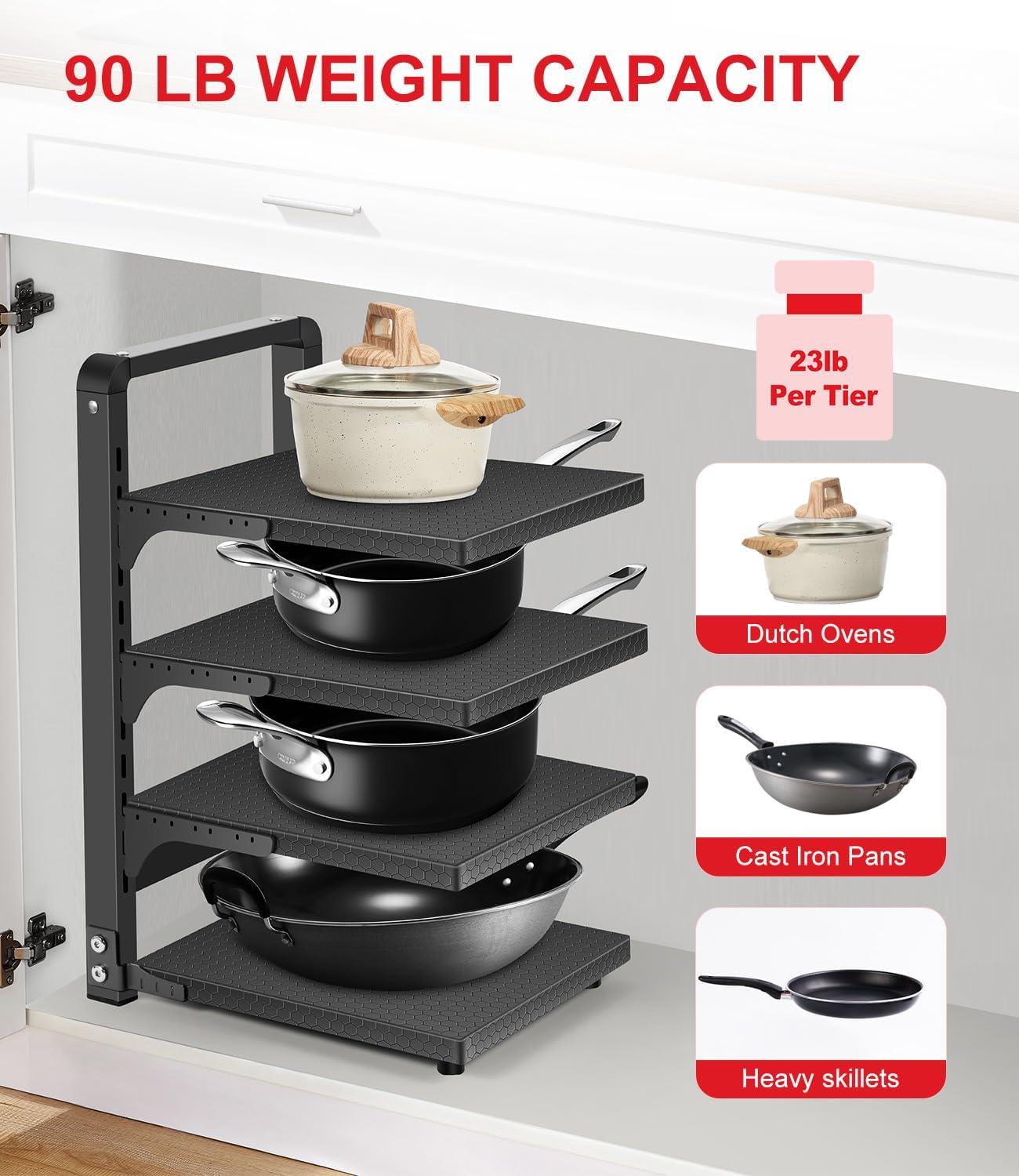 Prep & Savour Heavy Duty Pan Organizers For Cabinet & Counter 4 Tier Adjustable Pan & Pot Rack For Kitchen Cabinet Organizers And Storage