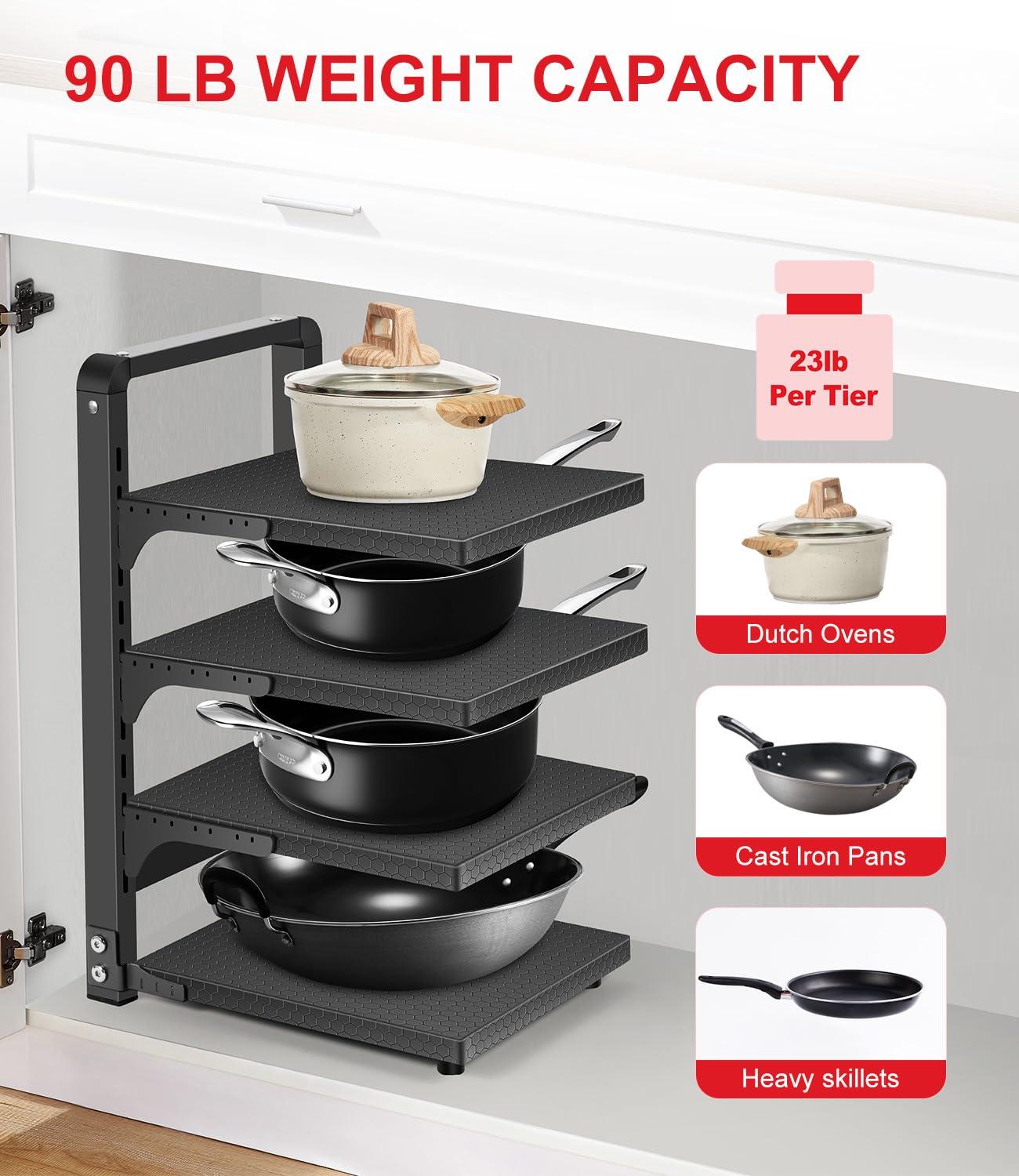 Prep & Savour Heavy Duty Pan Organizers For Cabinet & Counter 4 Tier Adjustable Pan & Pot Rack For Kitchen Cabinet Organizers And Storage