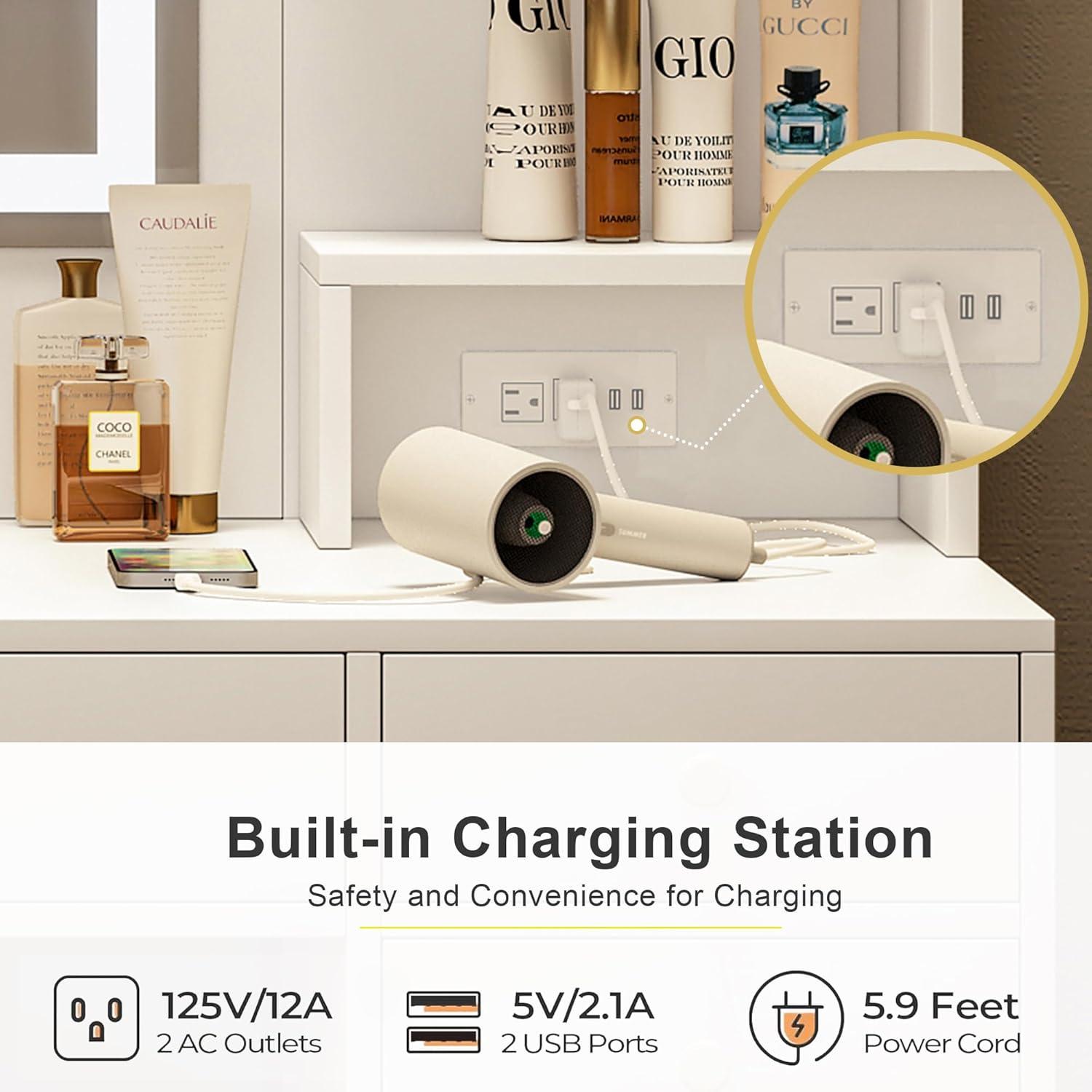 MONTARY Makeup Vanity Desk with Mirror and Lights, Dressing Table , White Vanity Table Set with 6 Drawers & Shelves & 4 Cabinets, 3 LED Lighting Modes Brightness Adjustable