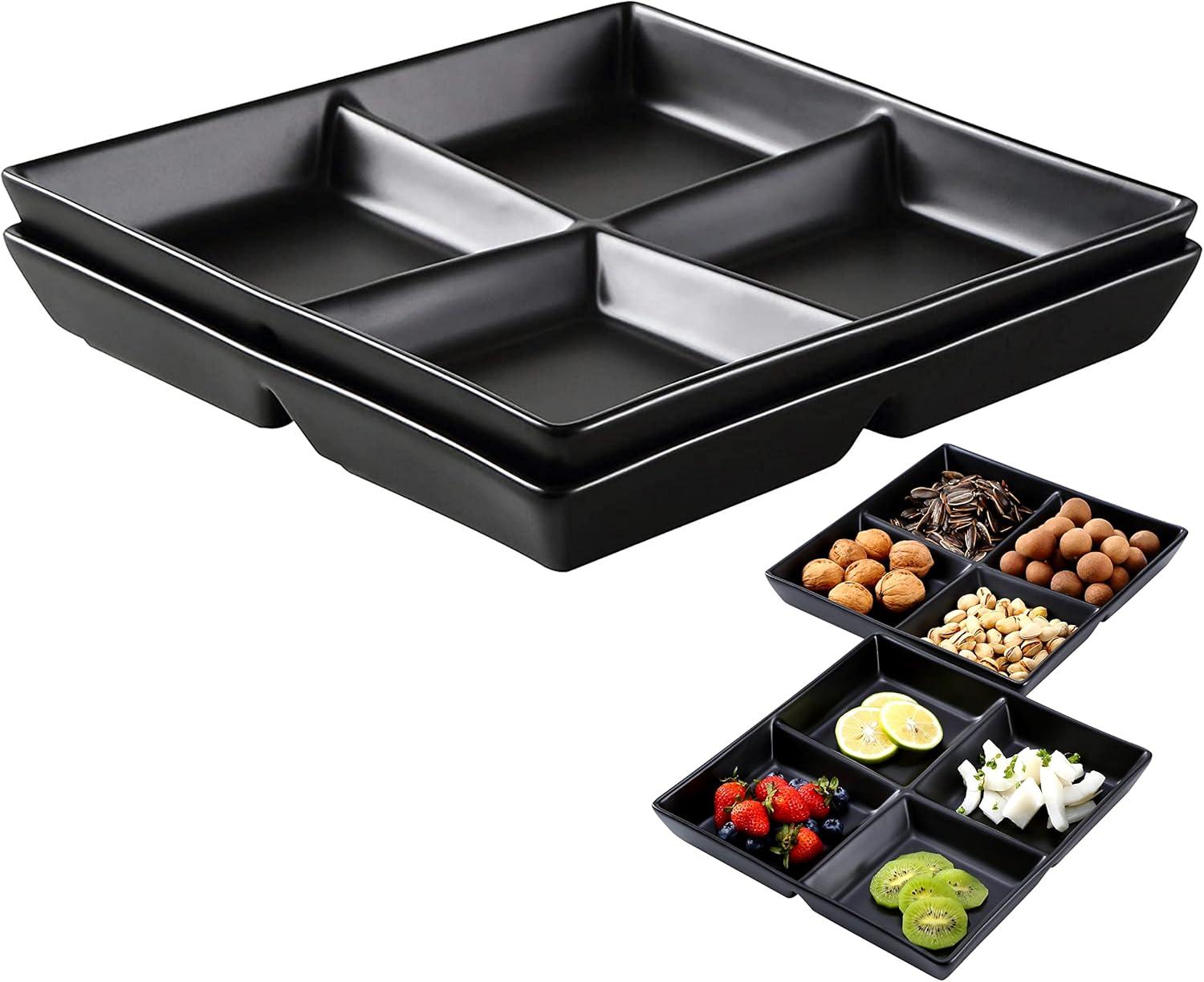 Black Ceramic 10" Square 4-Compartment Serving Tray Set