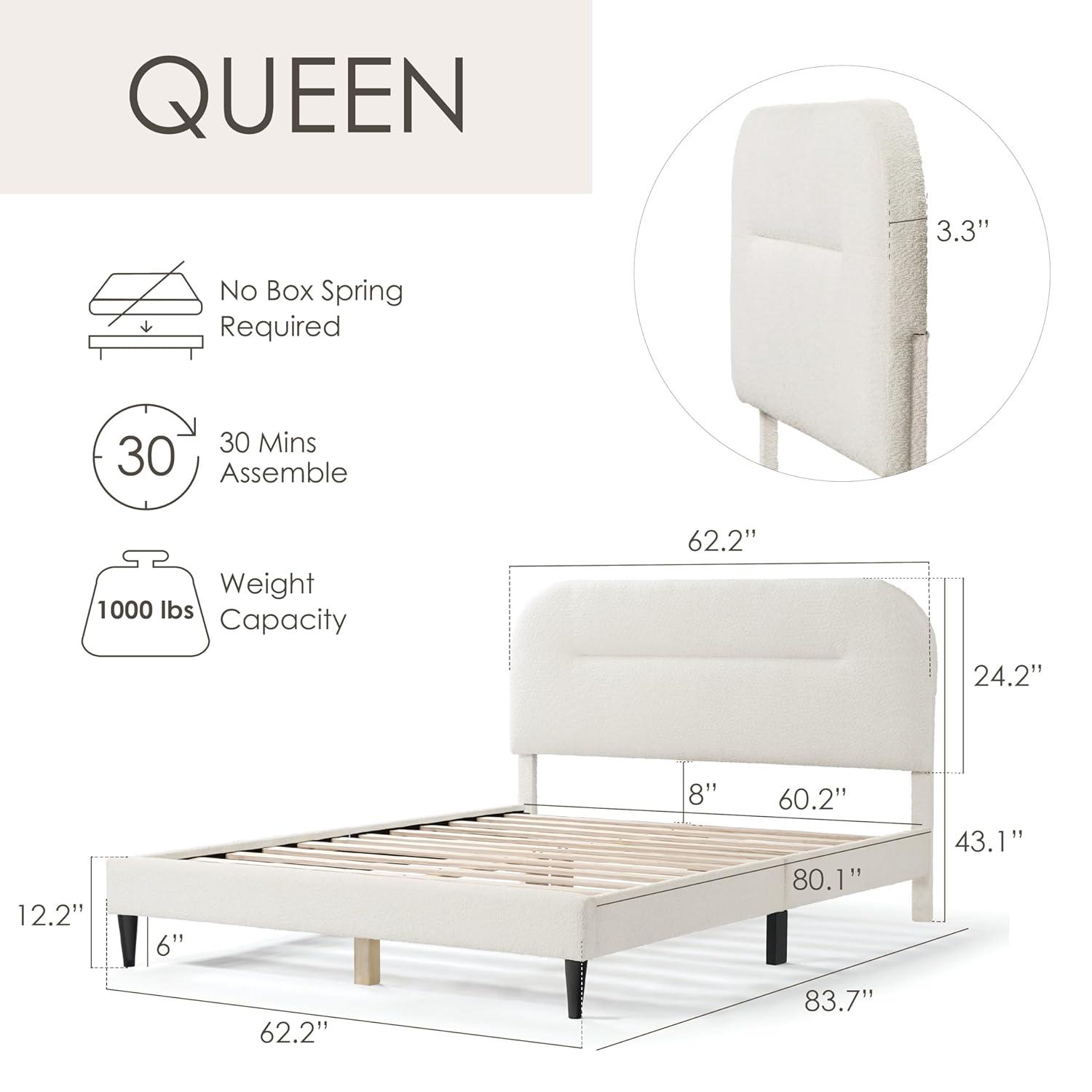 24/7 Shop At Home Queen Heartwild Modern Boucle Upholstered Rounded Platform Bed White: Padded Headboard, No Box Spring Required