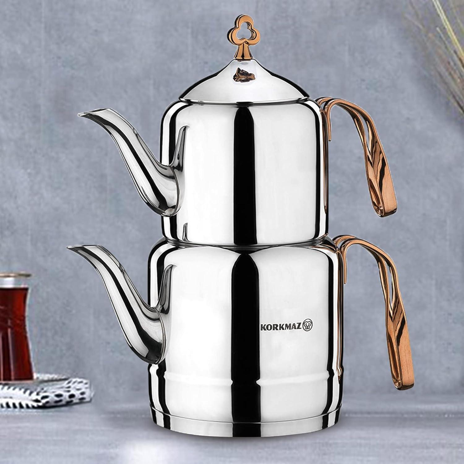 korkmaz A213 intemani Tea Pot Rose Gold, Stainless Steel, Solar Base, Teapot Sets for Adults, Turkish Tea Set