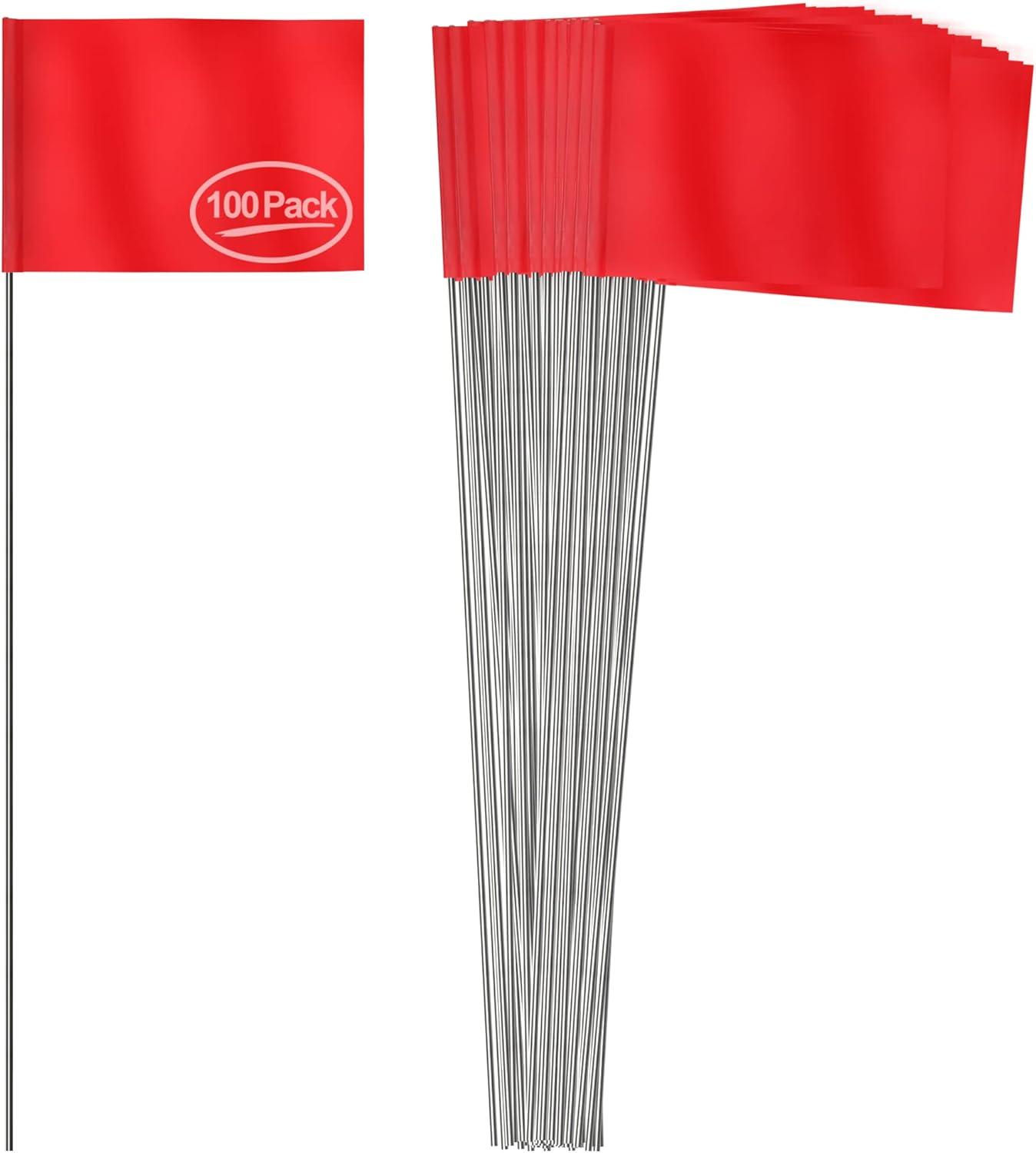 Anley 100 Pcs Red Marking Flags 4" X 5" - Vinyl Irrigation Sprinkler Flag with 15 Inch Steel Wire Stake - Small Marker Flags