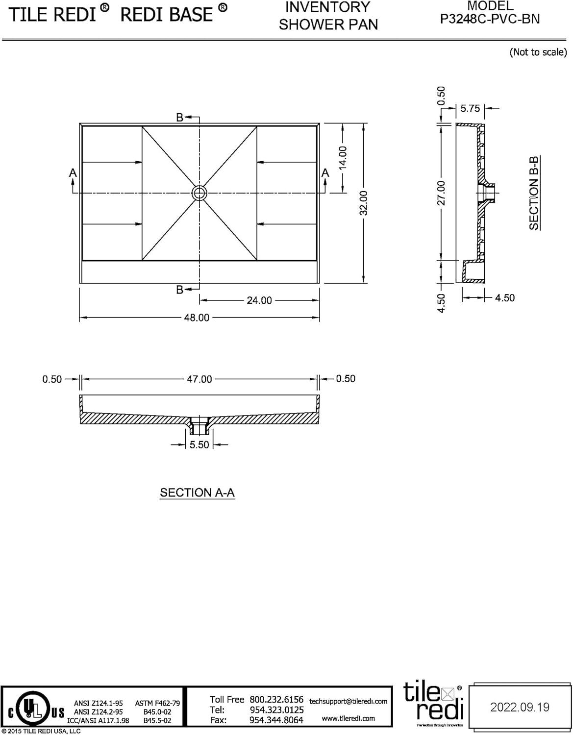 Brushed Nickel 48" x 32" Rectangle Shower Pan with Center Drain