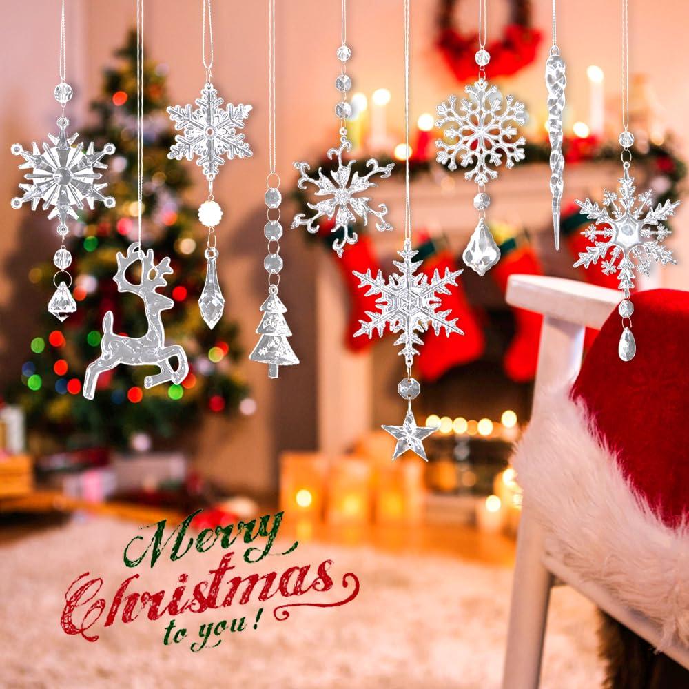 Meottam 18 Pieces Christmas Tree Ornaments - Hanging Acrylic Snowflake Icicle Drop Hanging Ornaments for Party Decor Christmas Wedding Birthday Winter Decor (Iridescent)