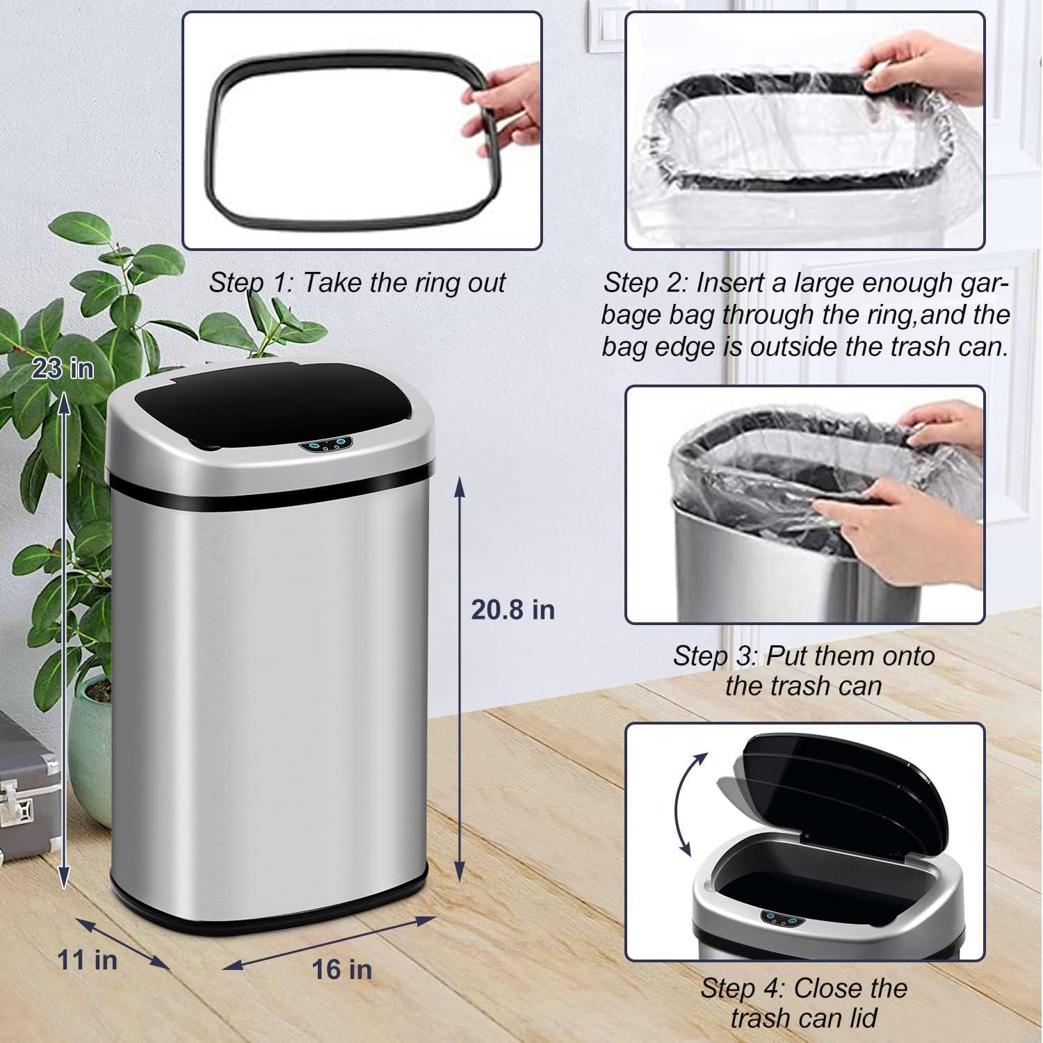 Stainless Steel Kitchen Trash Can - 13 Gallon Automatic Touch Free Garbage Can with Lid, High Capacity Electronic Touchless Sensor Trash Bin, Silver