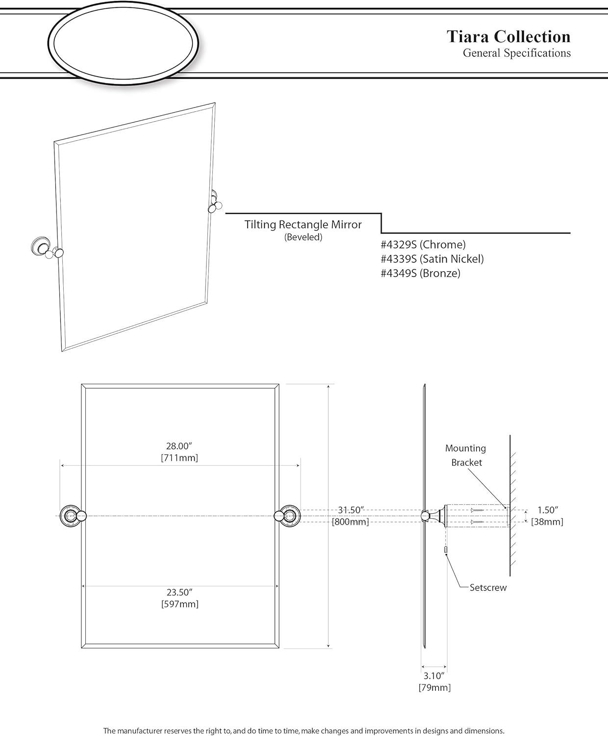 Elegant Tiara 31.5" Satin Nickel Rectangular Frameless Vanity Mirror