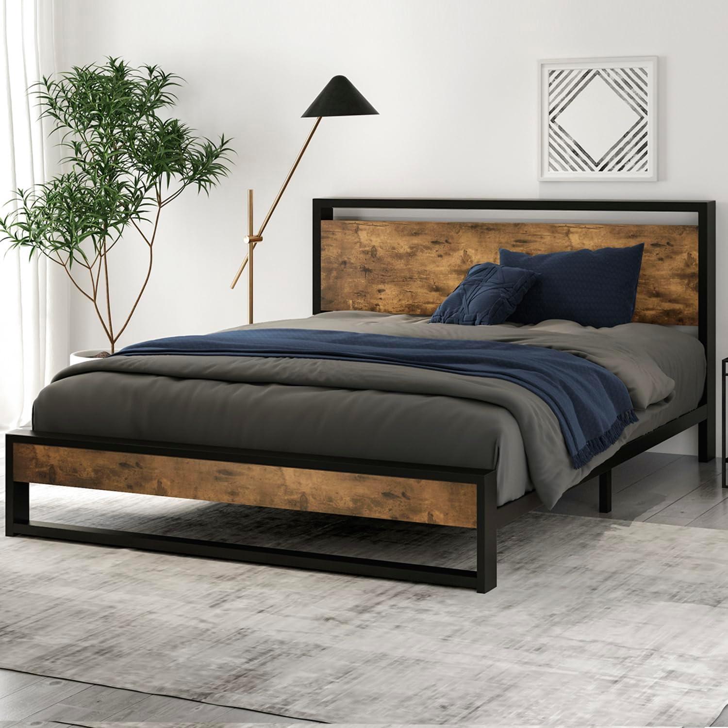 Queen Bed Frame with Rustic Brown Wood Headboard and Metal Frame