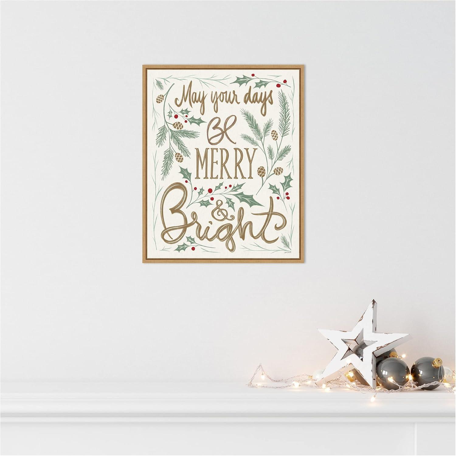 Merry and Bright Holly Christmas Canvas Framed Wall Art