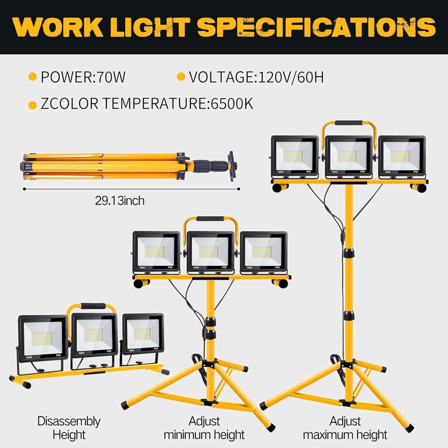 21000 Lumen Work Lights with Stand，3 Adjustable Head LED Work Light, with Adjustable and Foldable Tripod Stand, Waterproof Lamp with Individual Switch with 6500 Kelvin Color Temperature