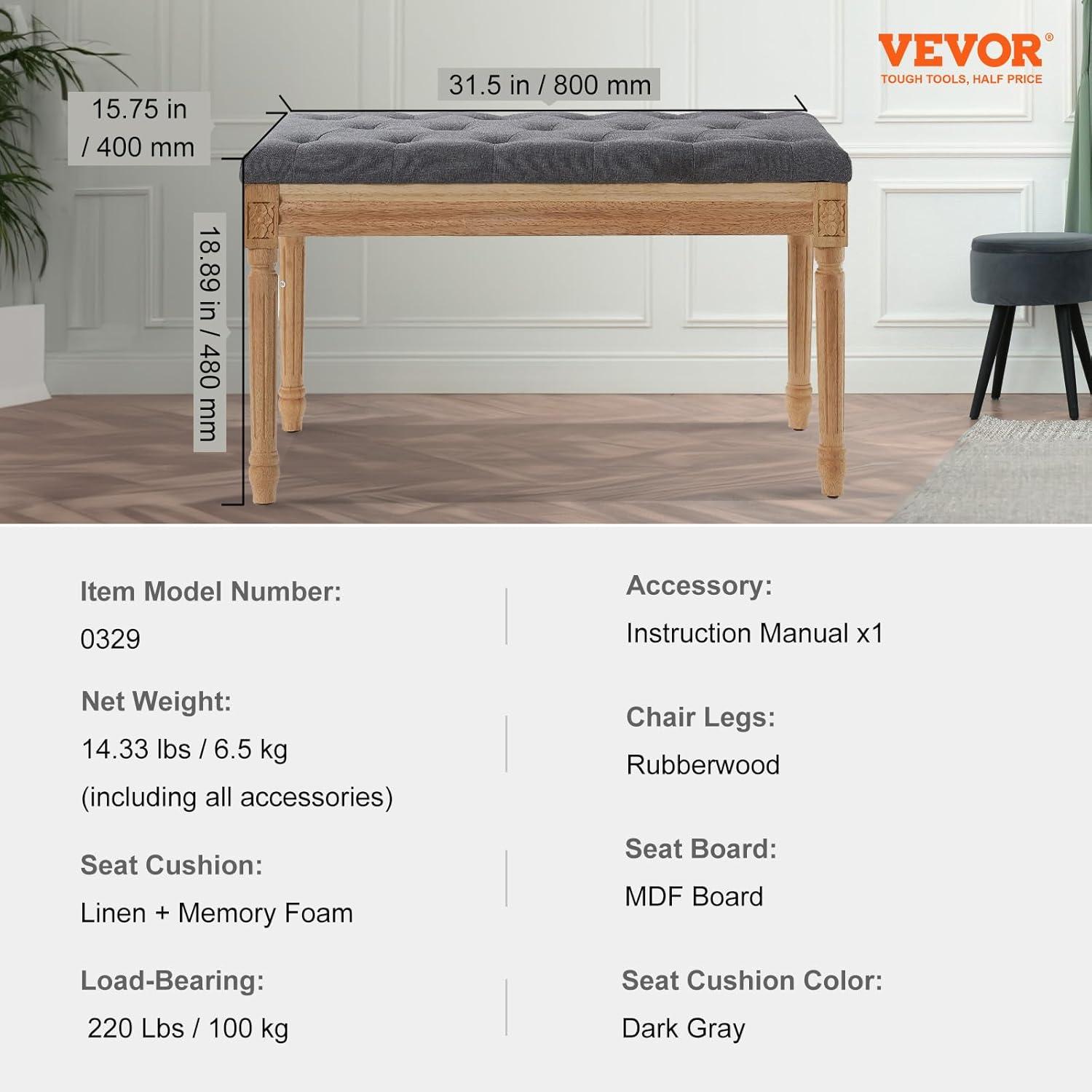 VEVOR Entryway Bench Upholstered Ottoman, Bedroom Bench for End of Bed Foam Padded Cushion & Rubberwood Legs, Tufted Footrest Stool for Dining, Living Room, Hallway, 32 x 16 x 19 Inches, Dark Gray