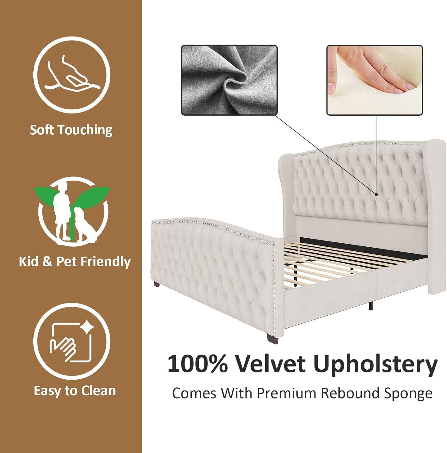 VanAcc Queen Size Platform Bed Frame, Velvet Upholstered Bed with Deep Button Tufted & Nailhead Trim Wingback Headboard/No Box Spring Needed/Cream