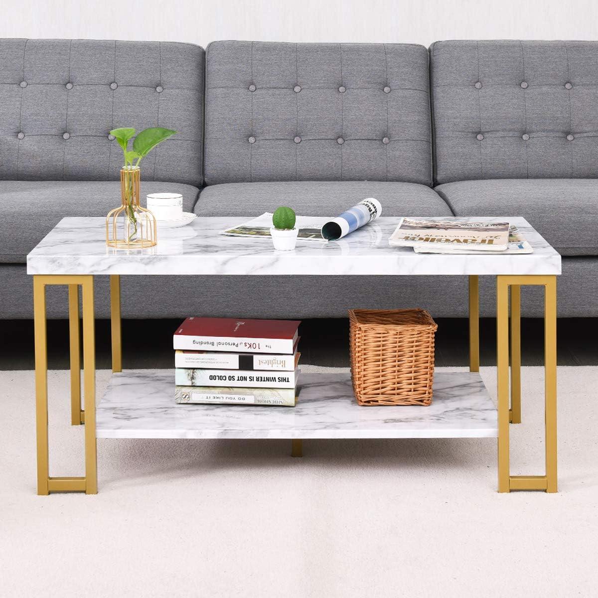 Tcbosik 2-Tier Rectangular Coffee Table with Golden Legs, Cocktail Table with Faux Marble Top, Center Table for Living Room Waiting Room, White