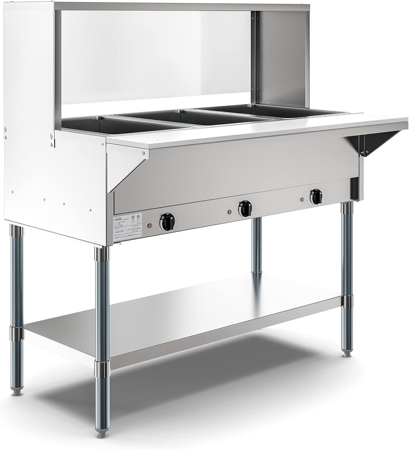 Five Pan Open Well Electric Steam Table with Undershelf and Sneeze-Guard, 240V, KM-OWS-5SG.