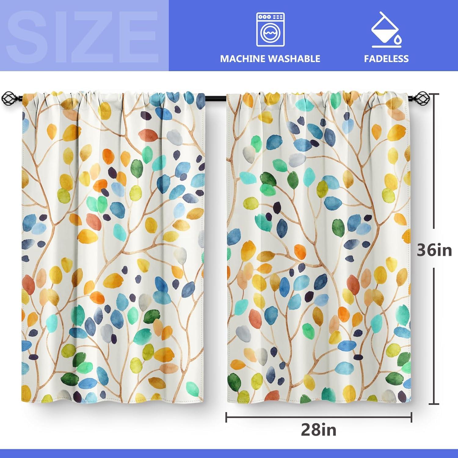 Aimego Colorful Leaves Kitchen Curtains - Floral Spring Botanical Tier Cafe Curtains Farmhouse Country Small Window for Bathroom Living RV Rod Pocket Window Drapes 36 Inch 2 Panels Set 28 "x36