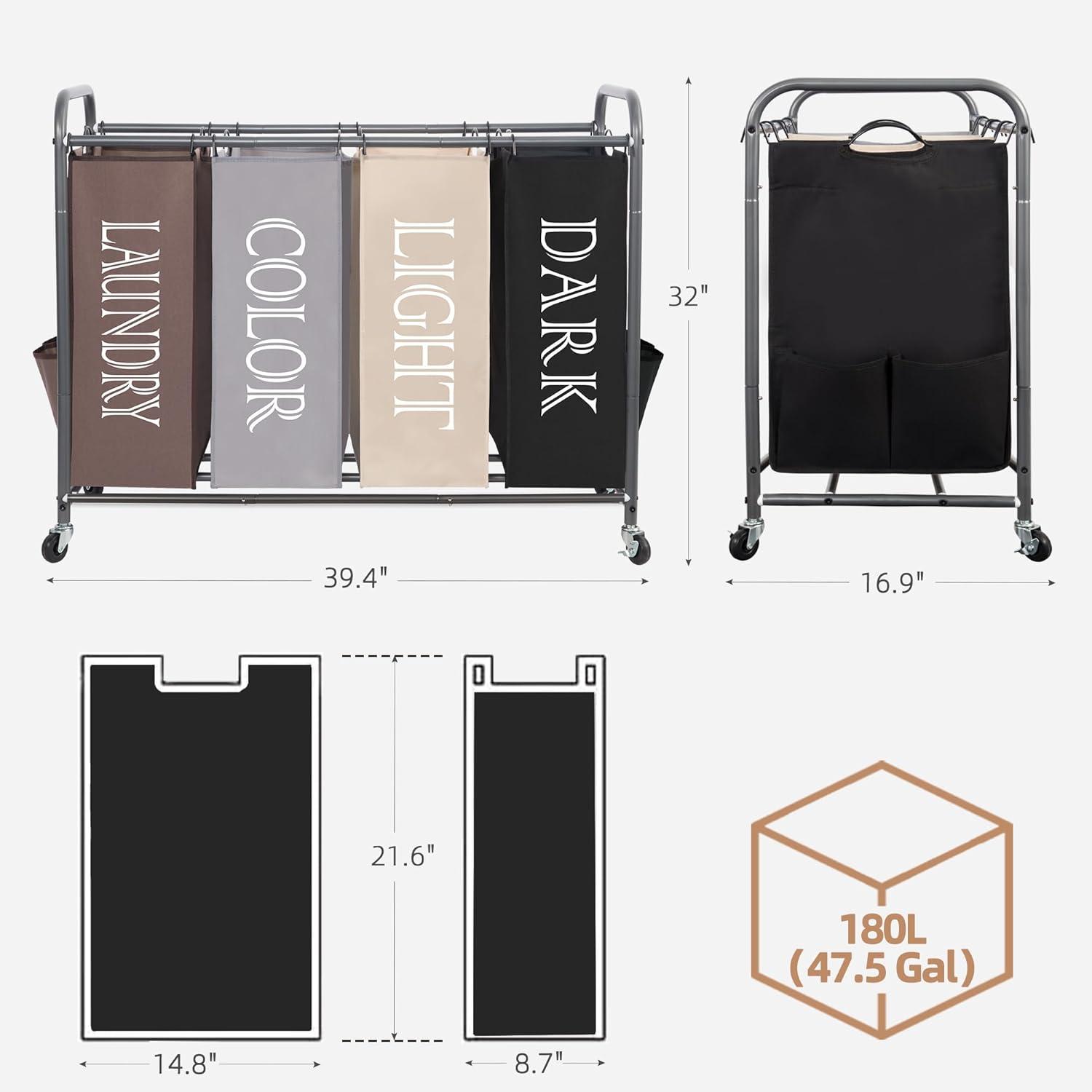 STORAGE MANIAC Laundry Sorter, Laundry Divider with Side Pockets, Multi Laundry Separator Hamper with Removable Bags and Rolling Lockable Wheels, Laundry Organizer Hamper, 4 Section Multicolored