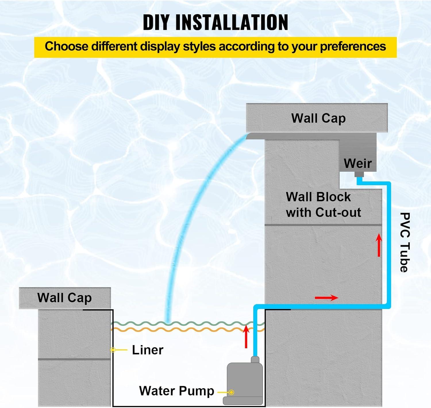 VEVOR Pool Fountain Stainless Steel Pool Waterfall Spillway with Pipe Connector Rectangular Garden Outdoor (59.1")