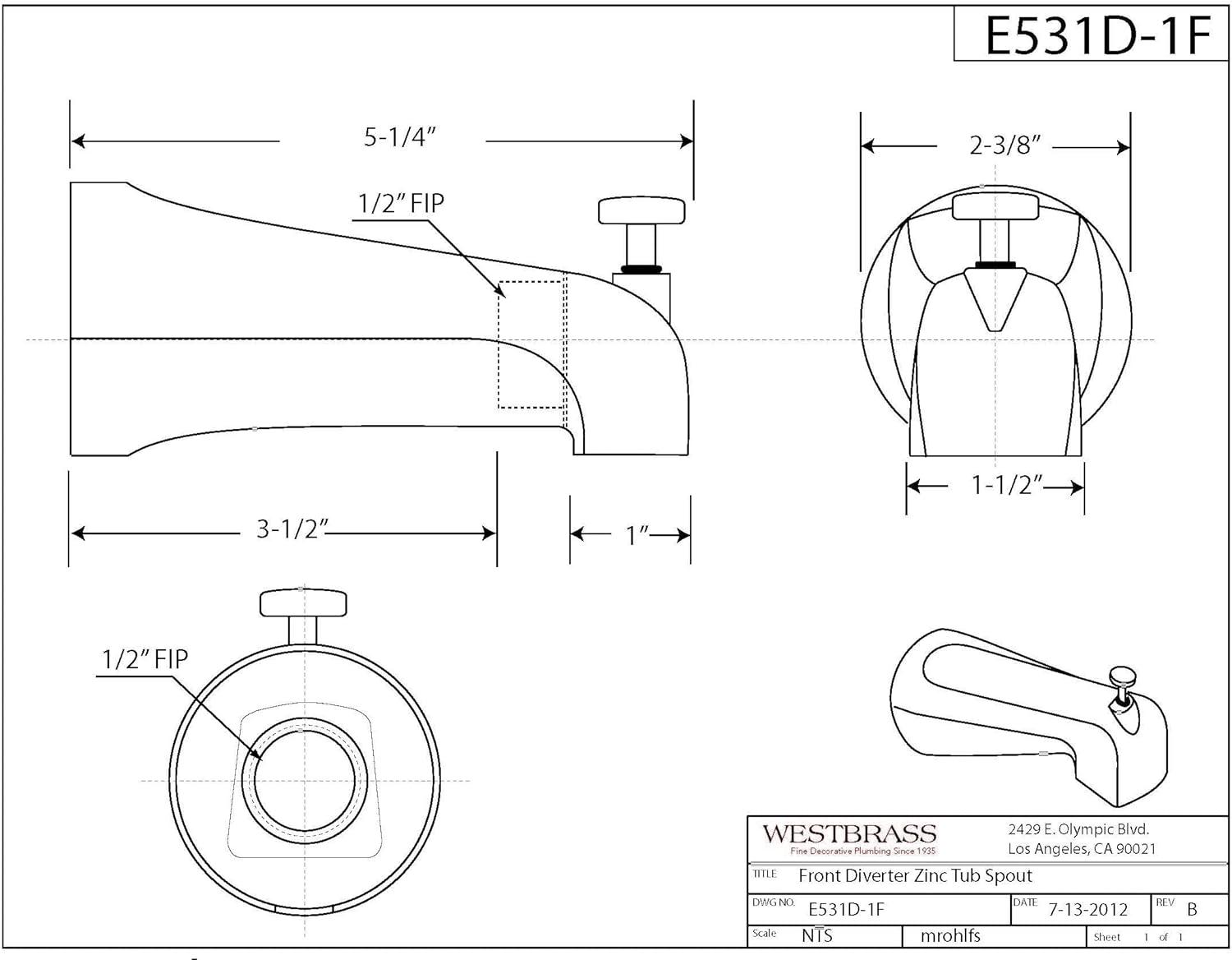 5-1/4" Reach Wall Mount Tub Spout with Front Diverter