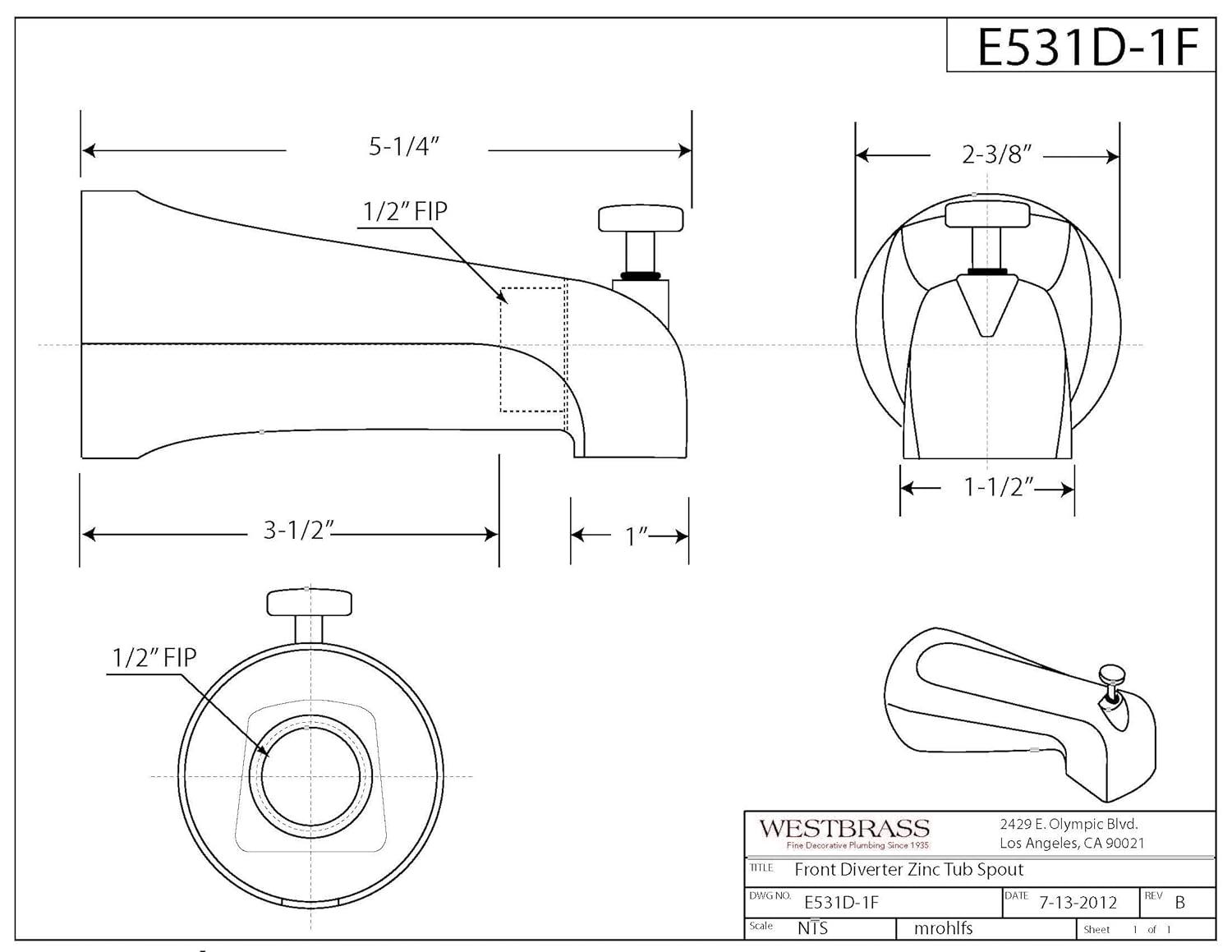 Westbrass 5-1/4" Reach Wall Mount Tub Spout with Front Diverter E531D-1F-62