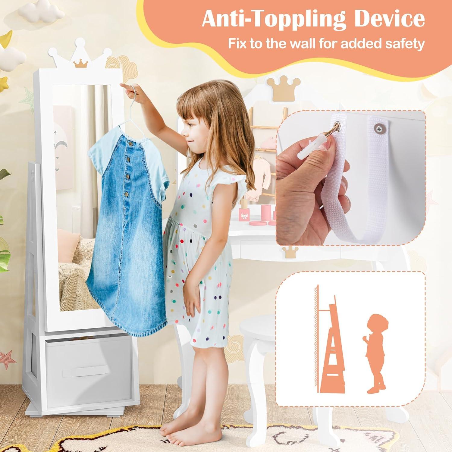 Tangkula Kids Jewelry Cabinet with Full-Length Mirror Drawer 2 Adjustable Tilt Angles White