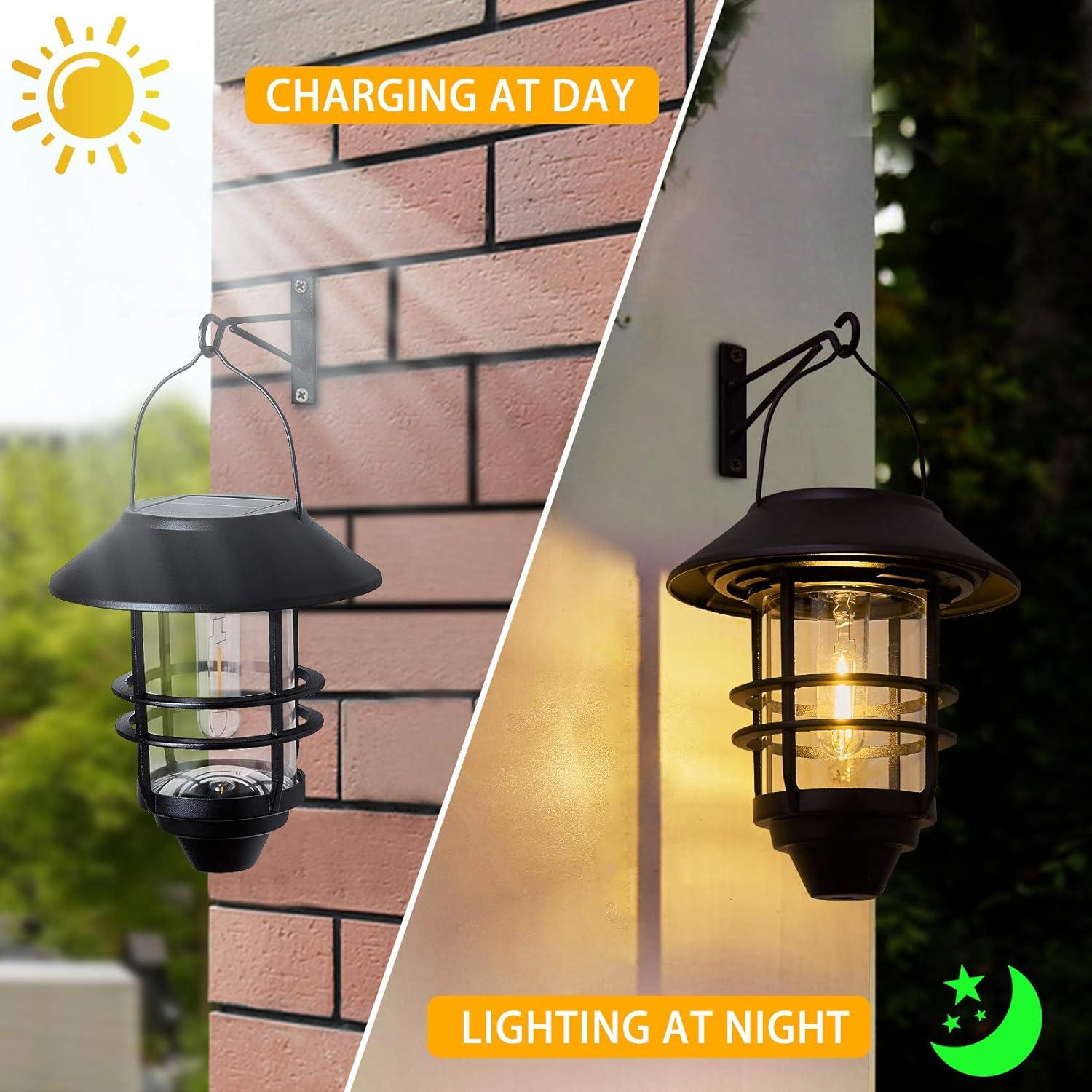 Solar Lantern Outdoor Lights, Hanging Wireless Waterproof Lantern Lights With Wall Mount Kit For Garden Porch Fence 2 Pack