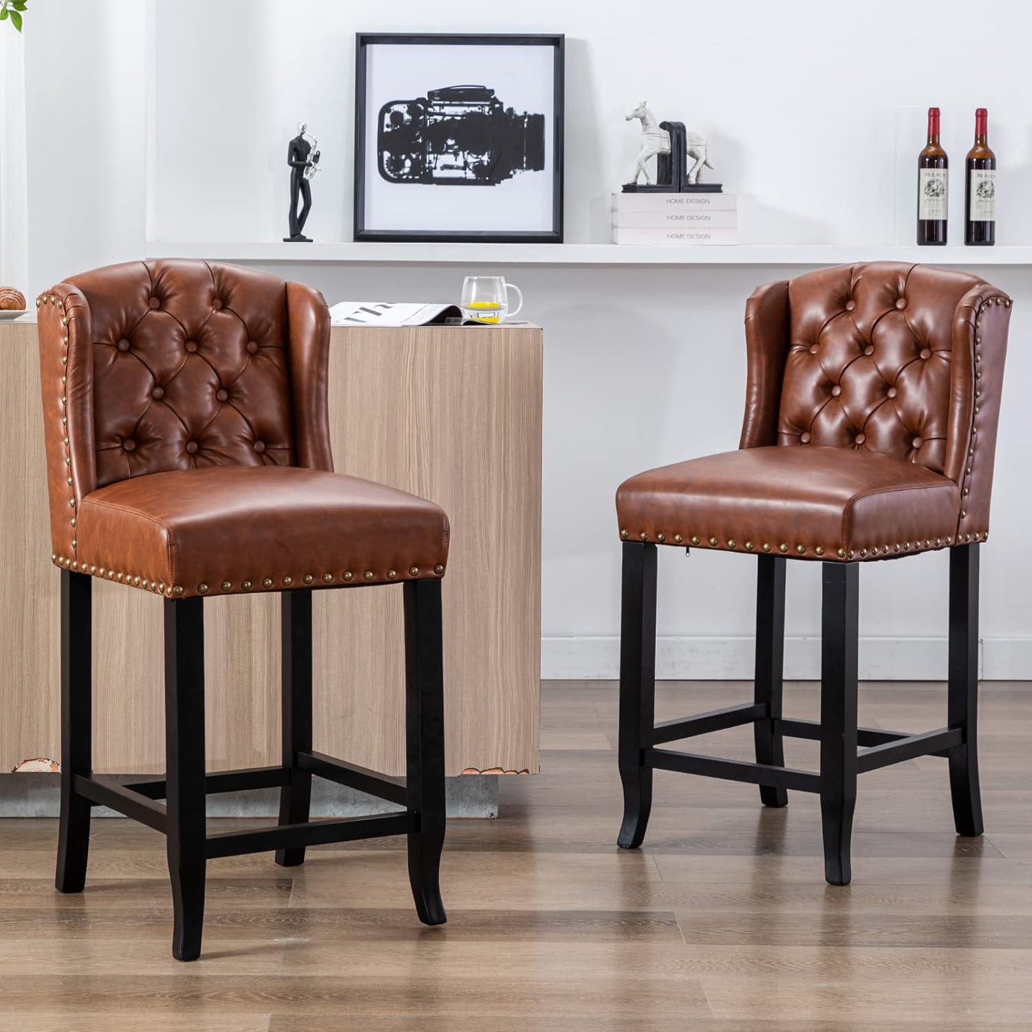 Brown PU Upholstered 26" Tufted Bar Stools with Nailhead Trim