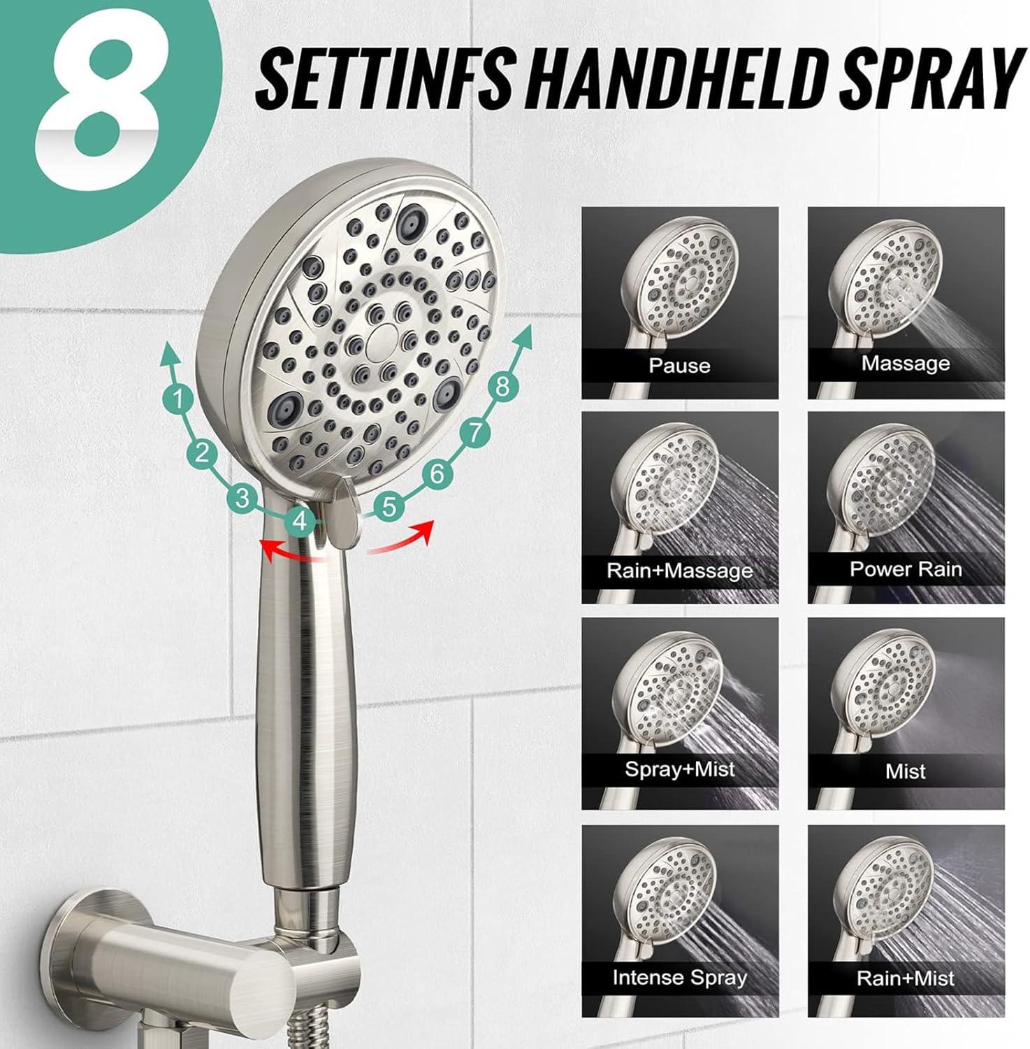SR SUN RISE Shower Faucet - 8 Inch Multifunctional High Pressure Shower Head System with Handheld Shower Head Fixtures - Valve Included - Brushed Nickel