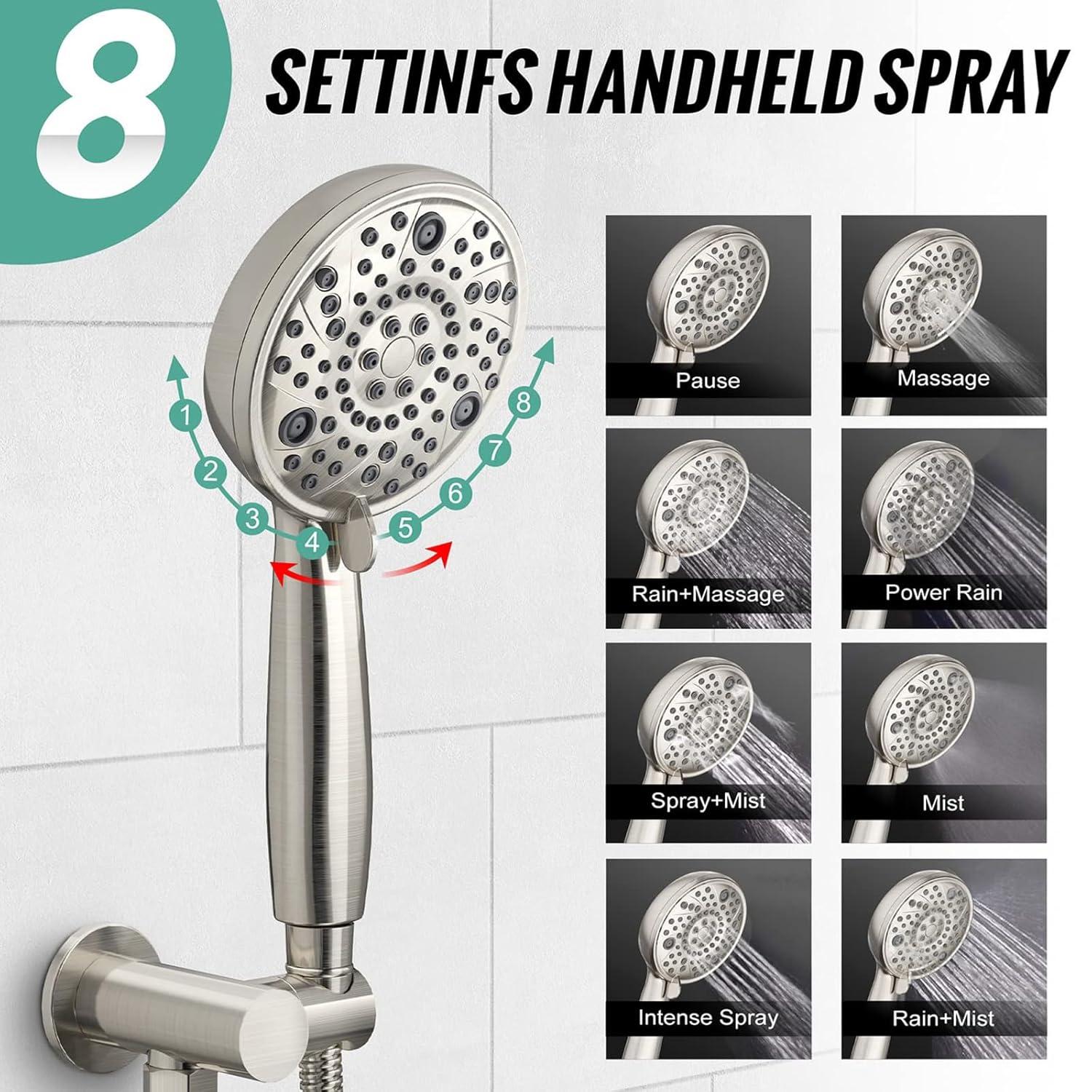 SR SUN RISE Shower Faucet - 8 Inch Multifunctional High Pressure Shower Head System with Handheld Shower Head Fixtures - Valve Included - Brushed Nickel