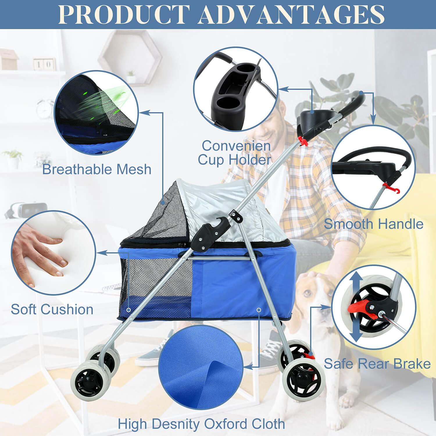 FDW 4 Wheels Pet Stroller Cat Dog Stroller Portable Folding Travel Carrier Strolling Cart Waterproof with Storage Basket,Mesh Windows, Yellow Plaid