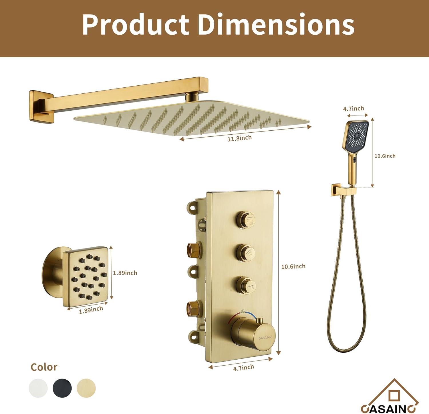 3 Functions 12 Inch Wall Mount Thermostatic Shower System with 6 Body Jets