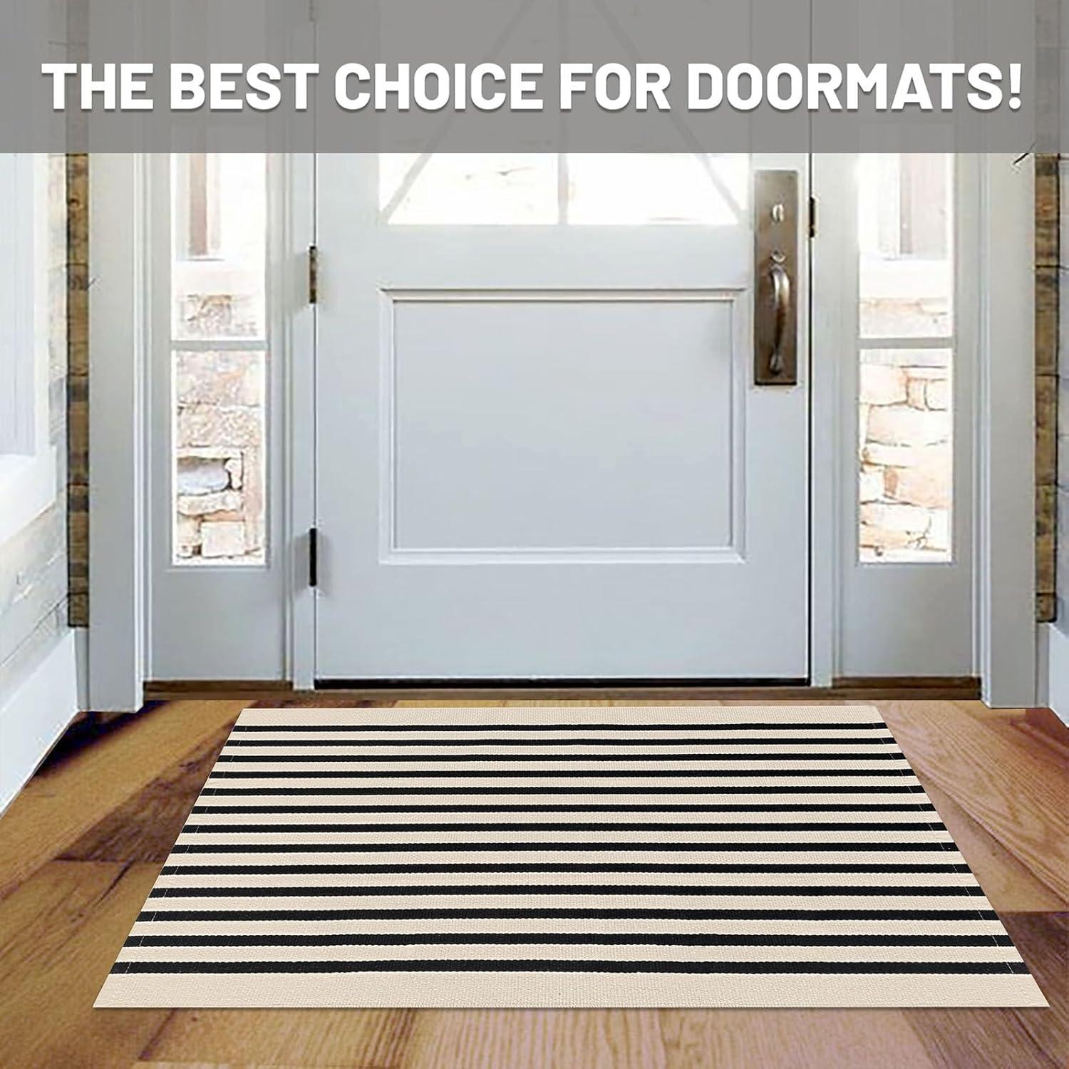 IOHOUZE Navy and White Striped Rug 2'x3' Front Door Rugs, Small Washable Area Rug for Front Porch, Spring Summer Doormats Outdoor Indoor, Cotton Rugs for Entryway Porch Entrance