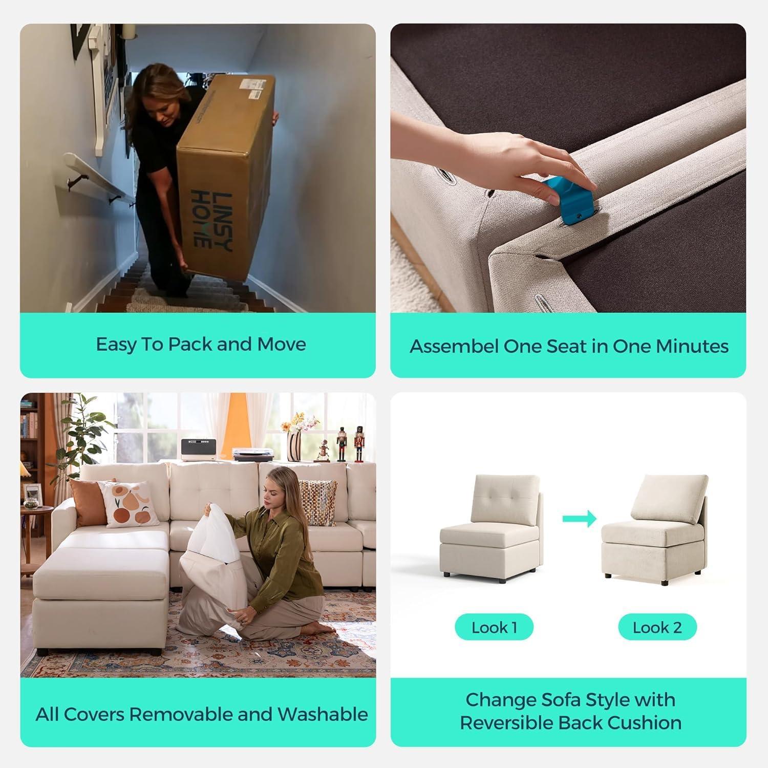 LINSY HOME Oversized Modular Cloud Sectional Sofa, RUBIK III 7 Seat Storage Couches and Sofas, Sectional Couches for Living Room with Reversible Chaises, Beige