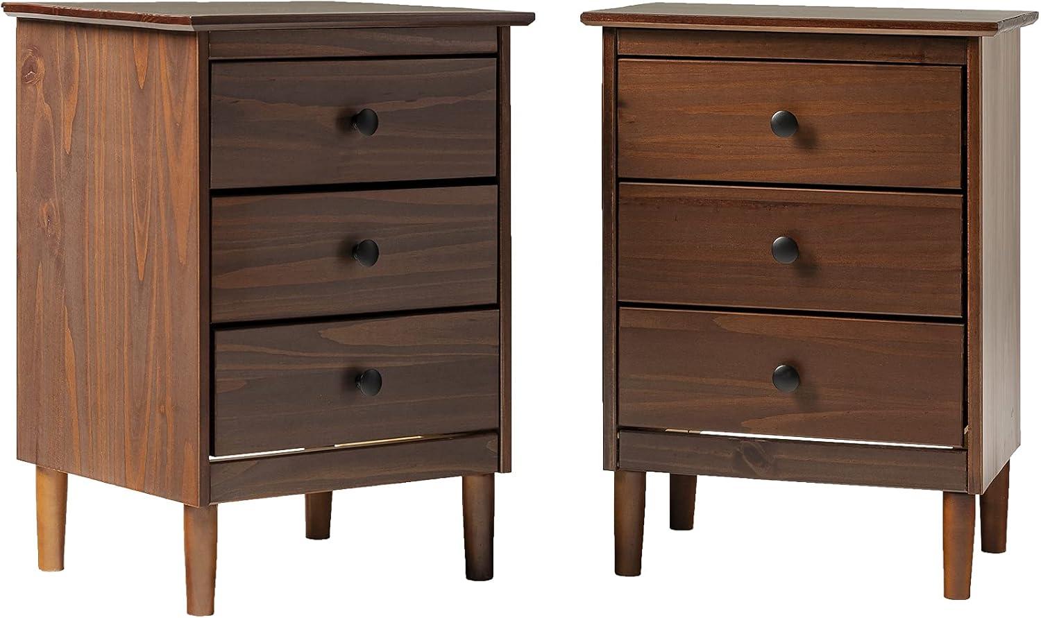 Walnut Solid Wood 3 Drawer Nightstand Set, 2 Pack