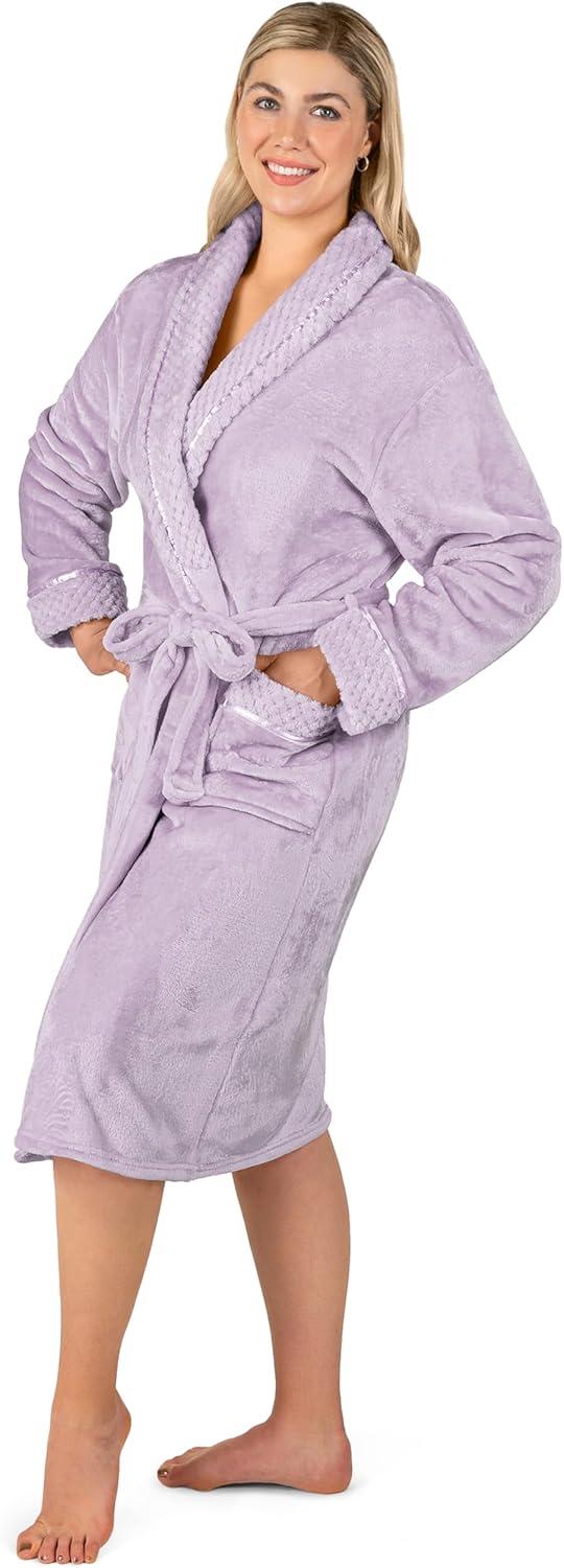 PAVILIA Soft Plush Women Fleece Robe, Cozy Warm Housecoat Bathrobe, Fuzzy Female Long Spa Robes (Lavender, Small-Medium)