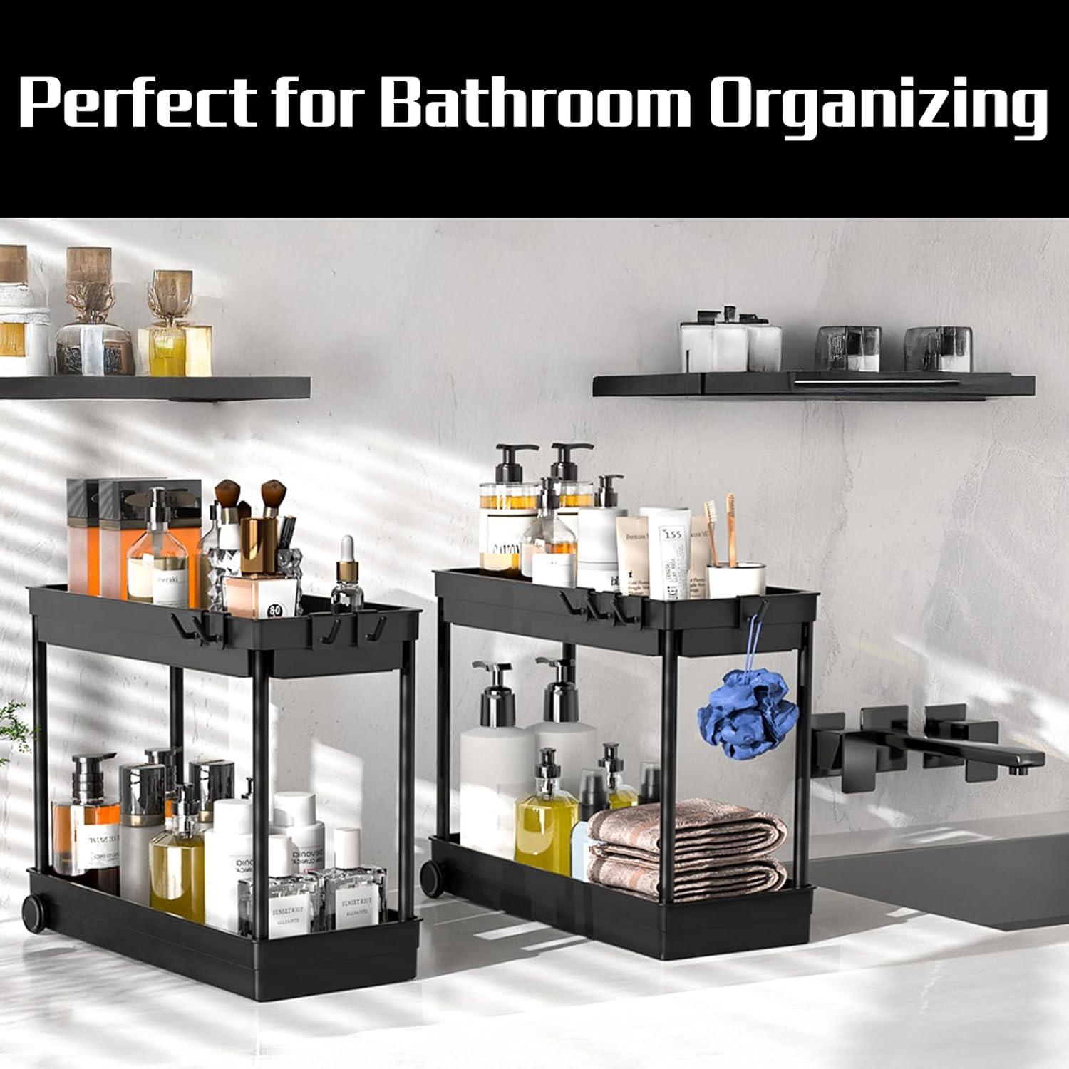 2 Pack Under Sink Organizer, 2 Tier Bathroom Cabinet Organizers and Storage with Hook, Multi-purpose Storage Basket Shelf for Kitchen, Black