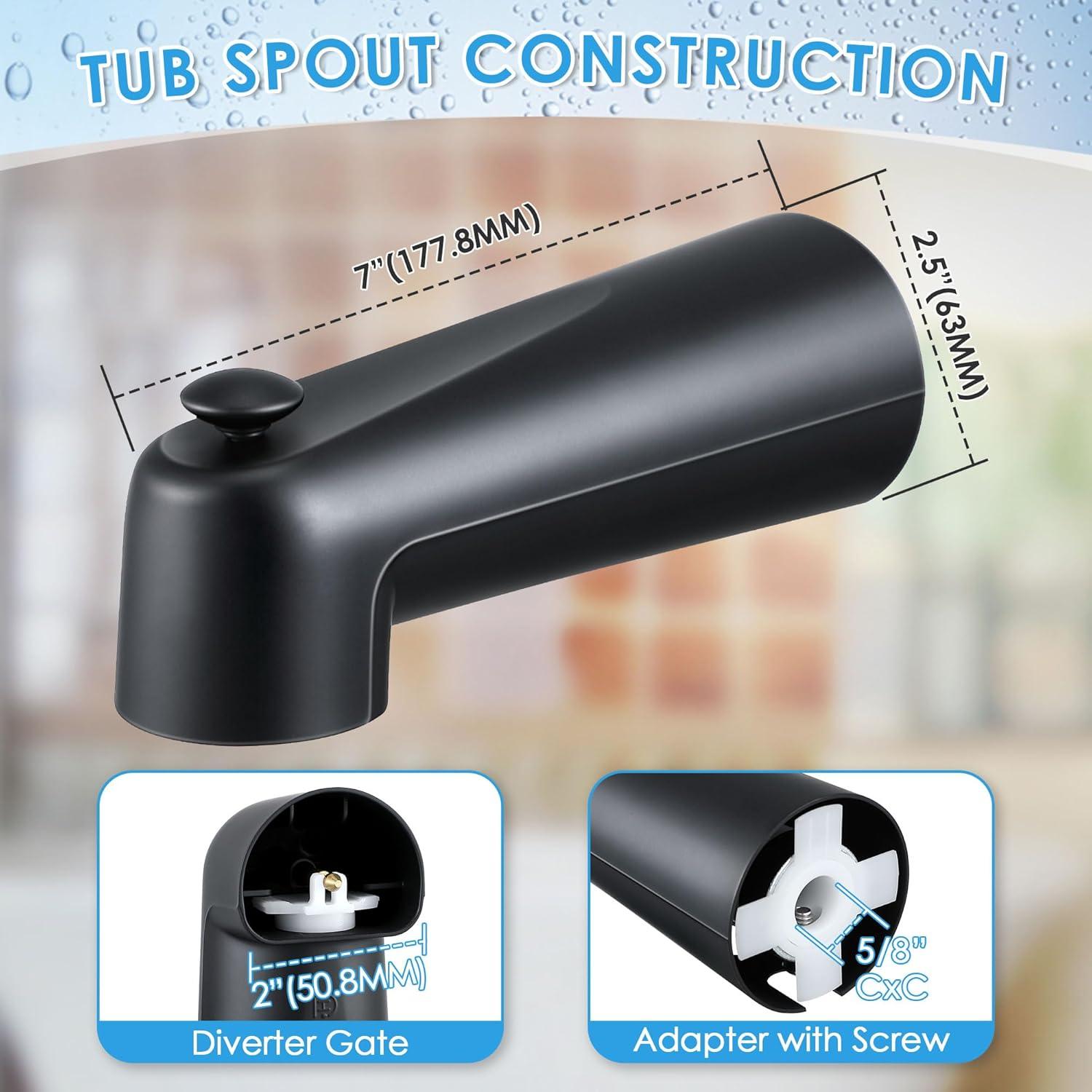 Enhon 7 Inch Slip on Tub Spout with Diverter, Compatible with Moen 3839/Moen 3853, Bathtub Diverter Spout Fits 1/2" Copper Water Tube(5/8" Diameter), 5/32" Hex Wrench(Matte Black,Classic)