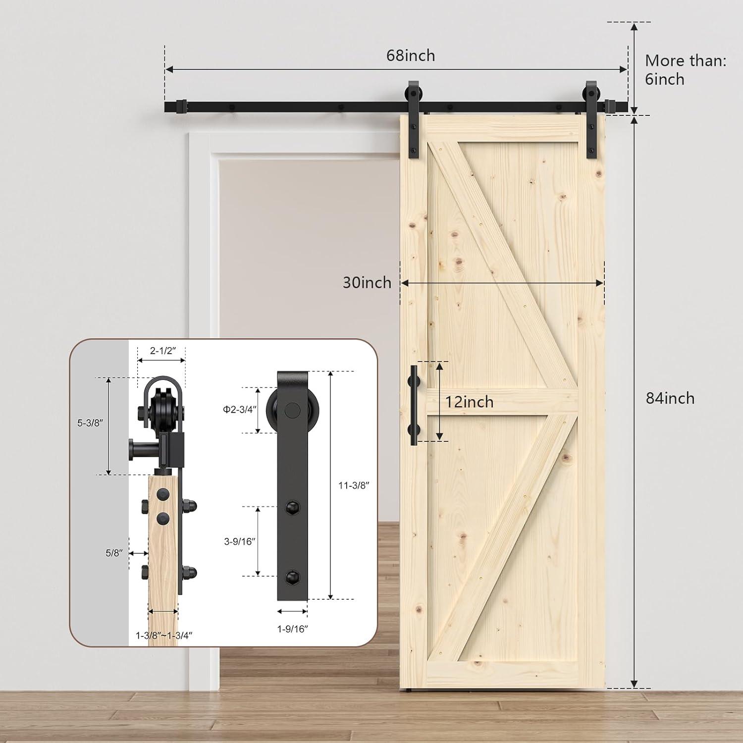 Tcbosik 30"x84" Unfinished Sliding Barn Door with 5.5FT Barn Door Hardware Kit & Handle, K Frame， Solid Spruce Wood，Requires Simple DIY Assembly